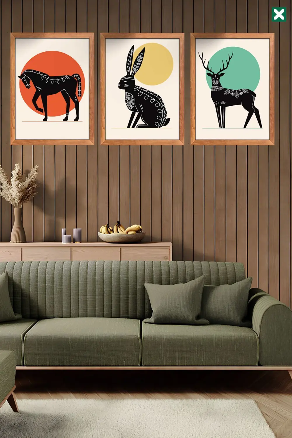 Animals Geometric 3'lü Set, Çerçeve Görünümlü Modern Mdf Tablo