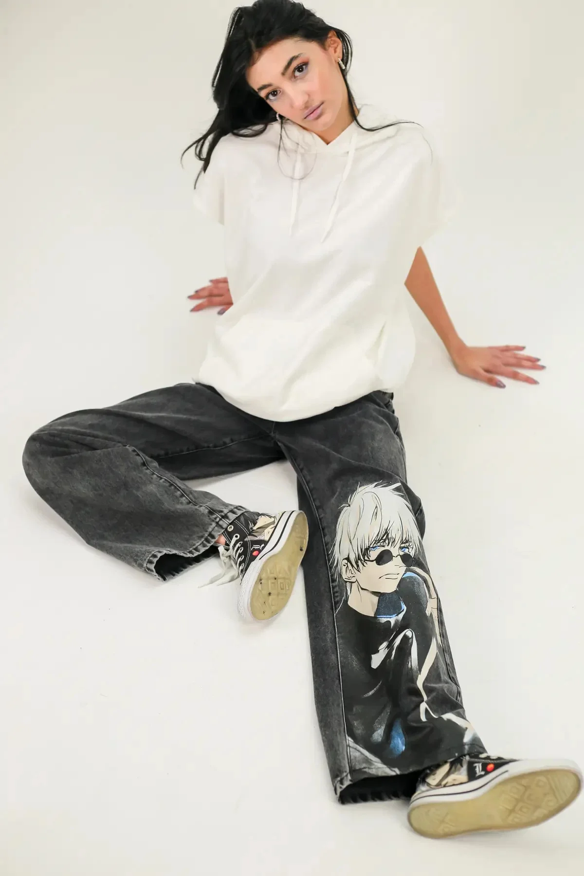 Anime Baskılı Yıkamalı Baggy Jean