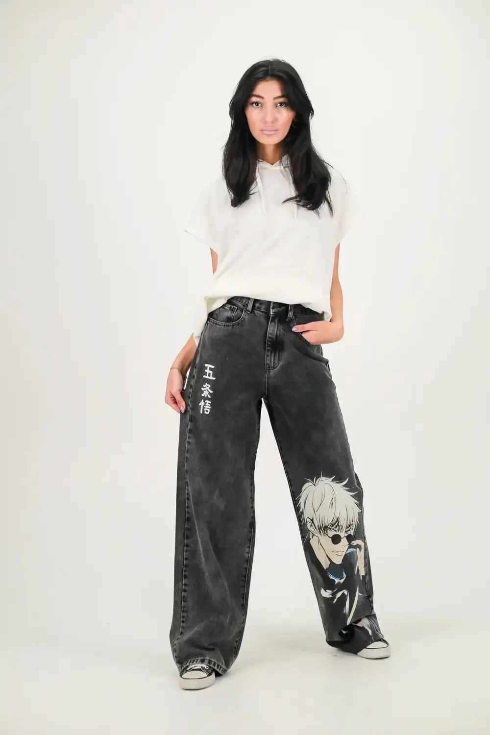Anime Baskılı Yıkamalı Baggy Jean