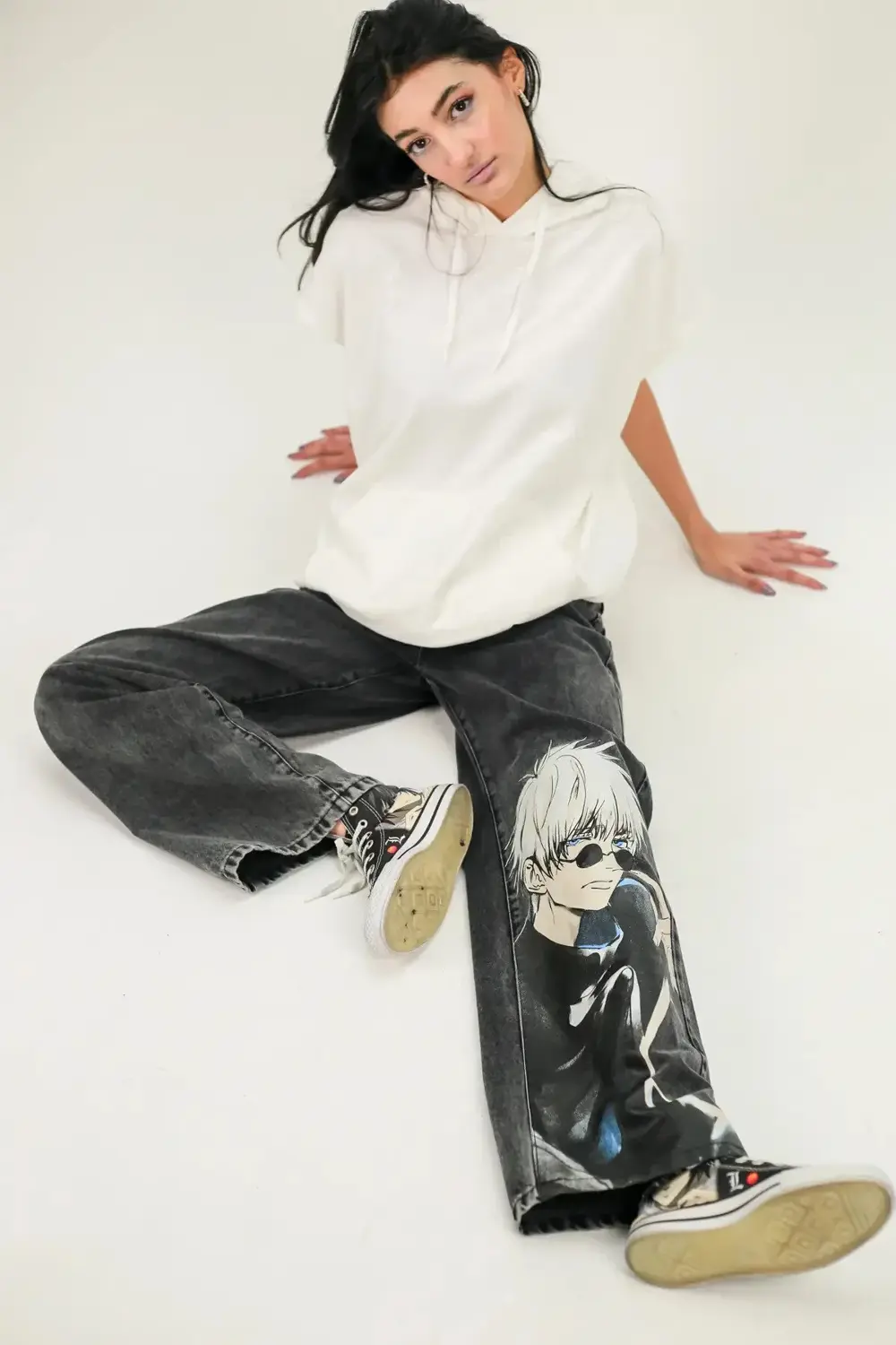Anime Baskılı Yıkamalı Baggy Jean