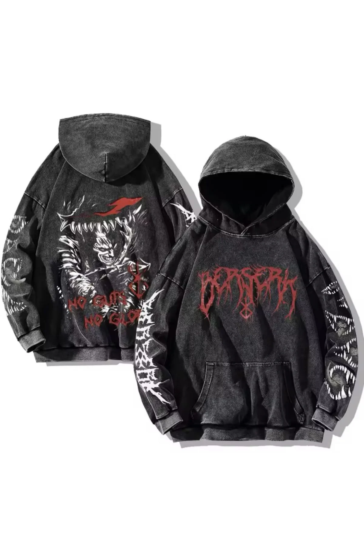 Anime Berserk No Guts No Glory Yıkamalı Kumaş Kapüşonlu Unisex Sw