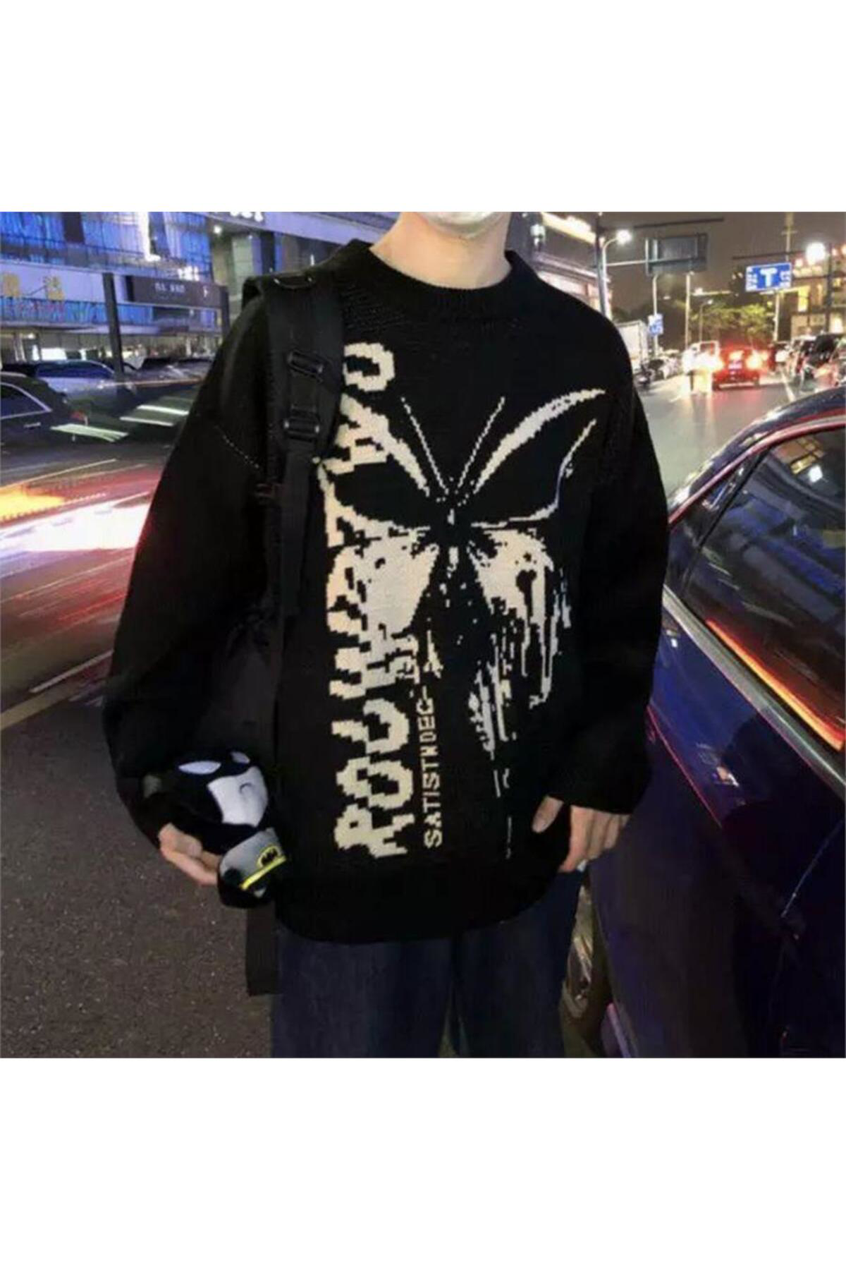 Köstebek Anime Harajuku Butterfly Siyah Oversize Kazak