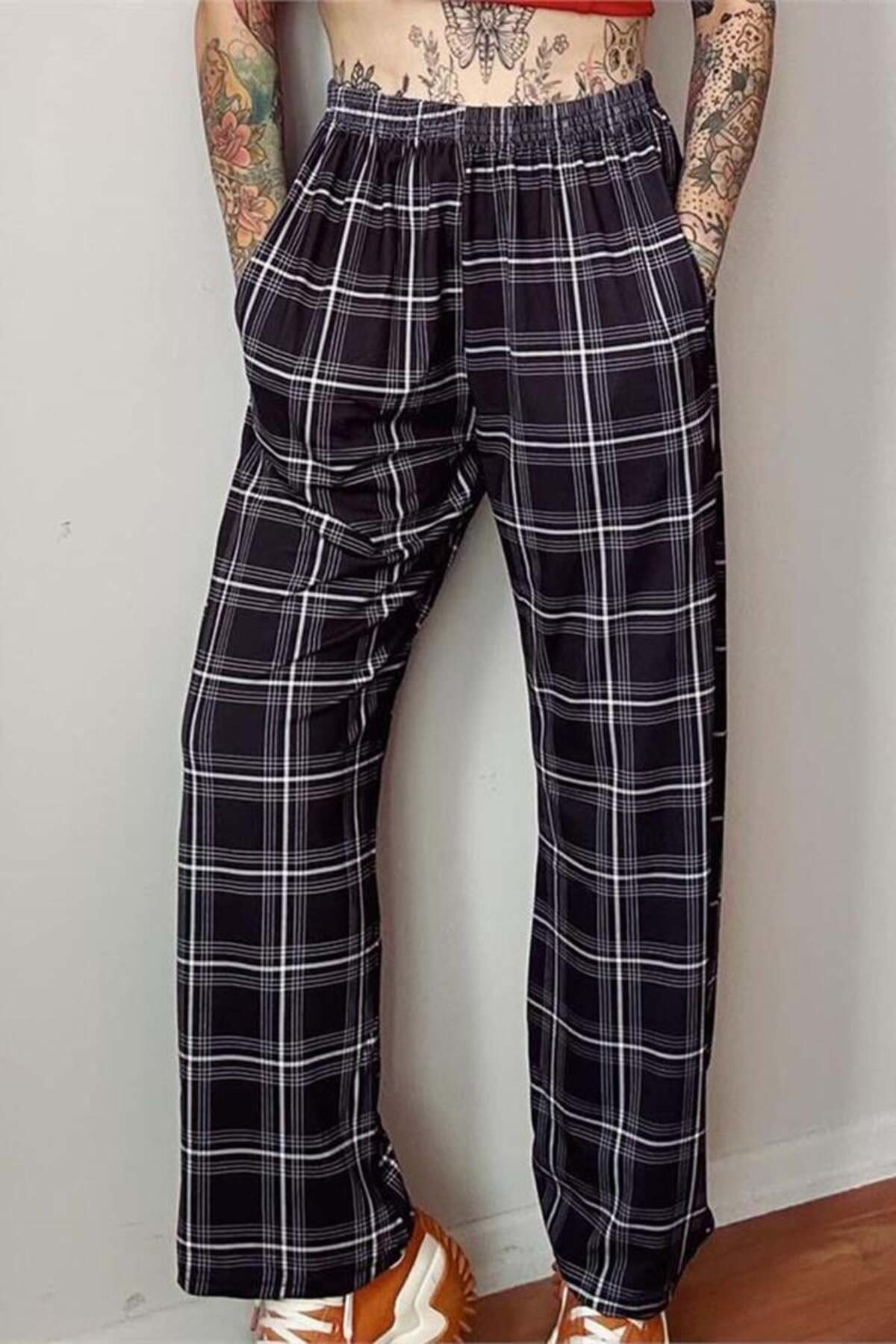 Köstebek Anime Harajuku Street Siyah Beyaz Kareli Rahat Unisex Eşofman