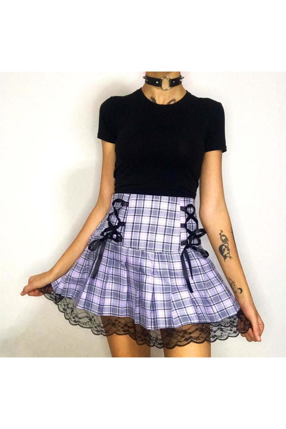 Köstebek Anime Harajuku Street Dantel Detaylı Lila Ekose Pileli Etek