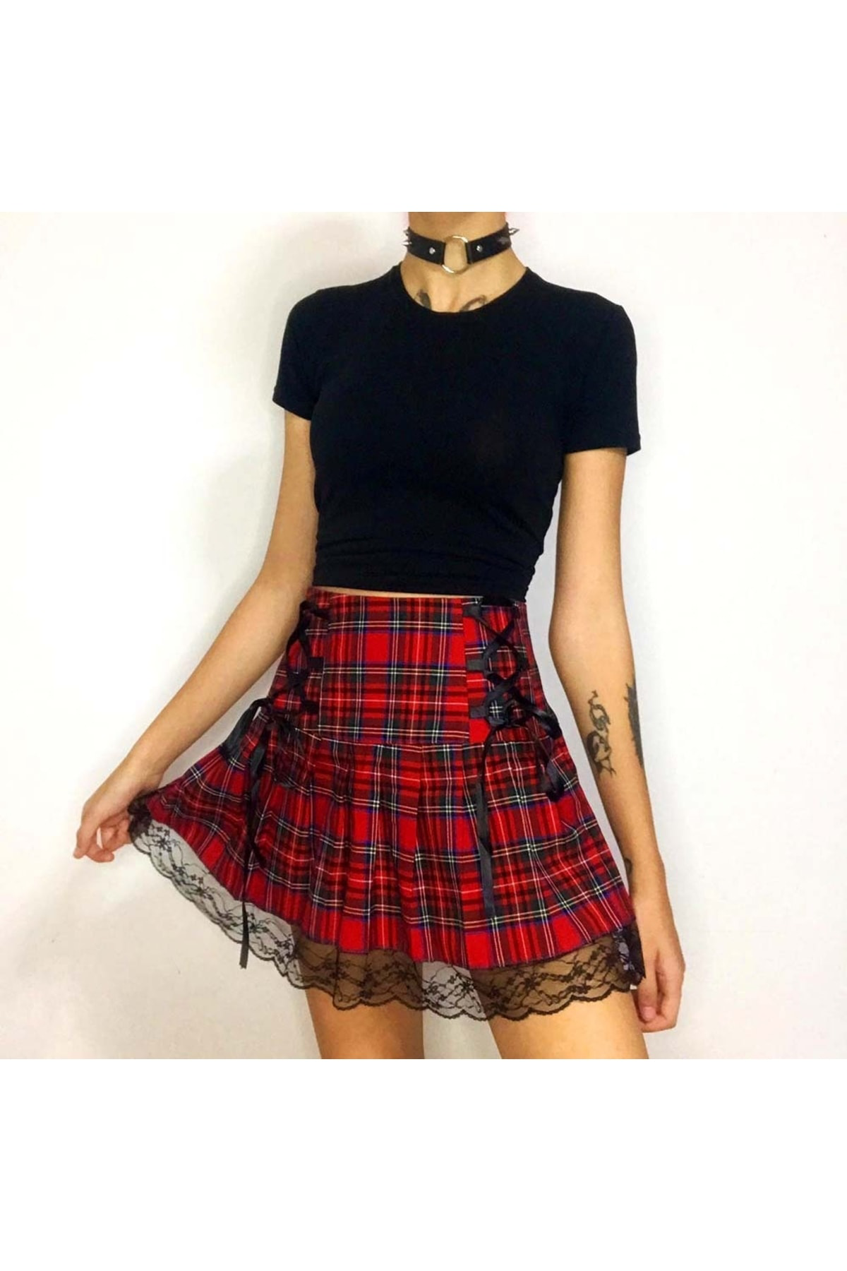 Köstebek Anime Harajuku Street Dantel Detaylı Kırmızı Ekose Pileli Etek