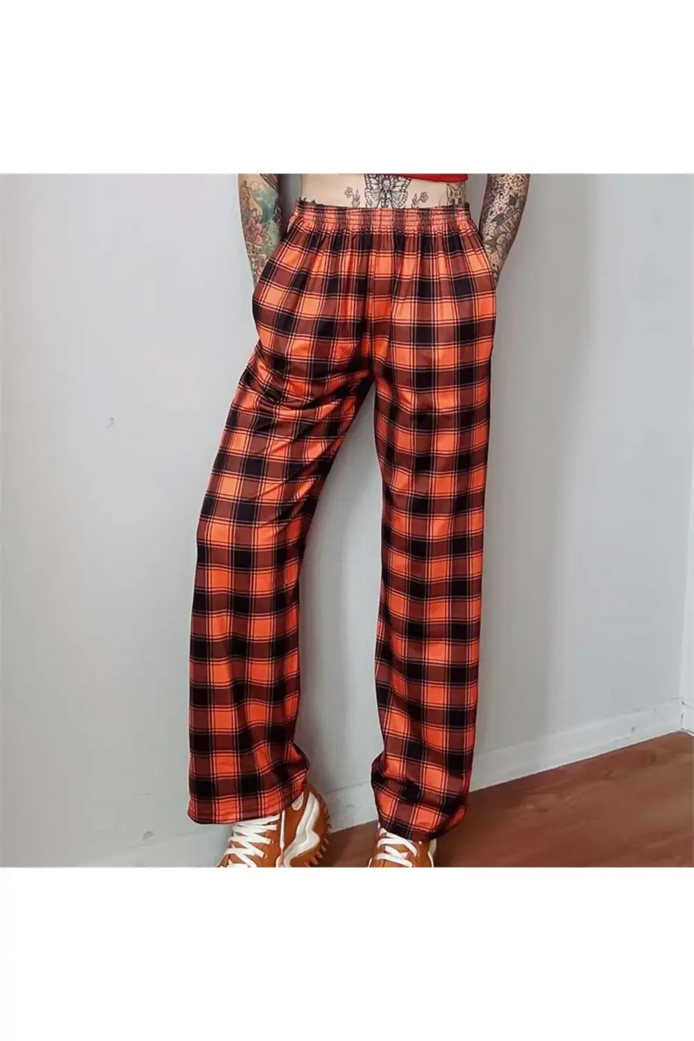 Anime Harajuku Street Turuncu Siyah Ekoseli Rahat Unisex Pantolon