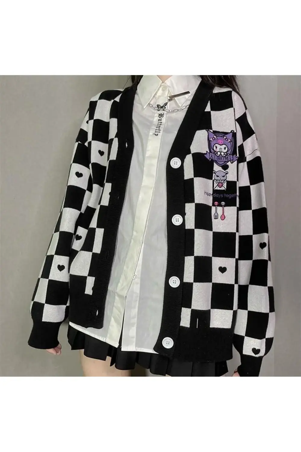 Anime Kuromi Siyah Damalı Hırka