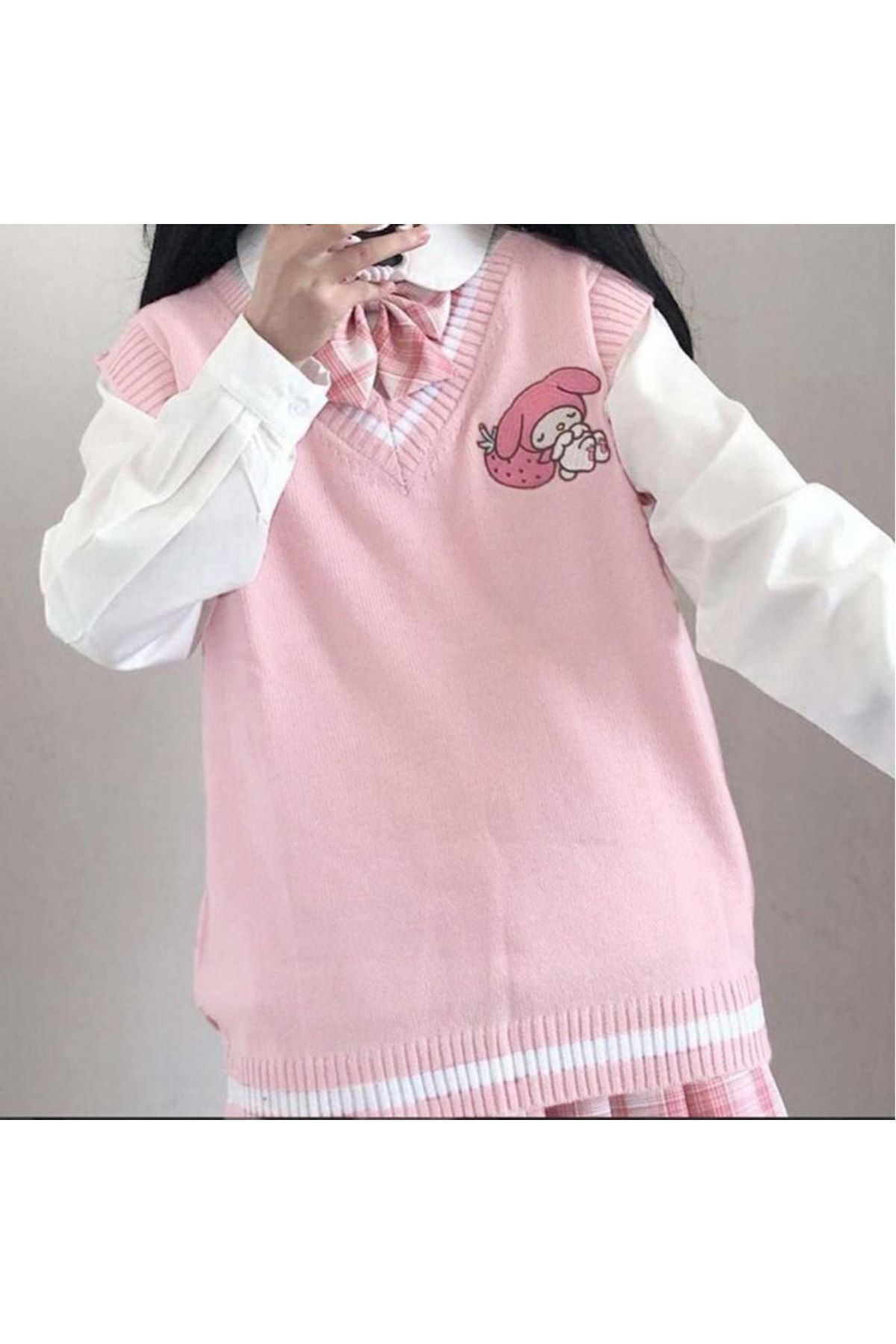 Köstebek Anime My Melody - Sanrio Pembe Oversize V Yaka Süveter