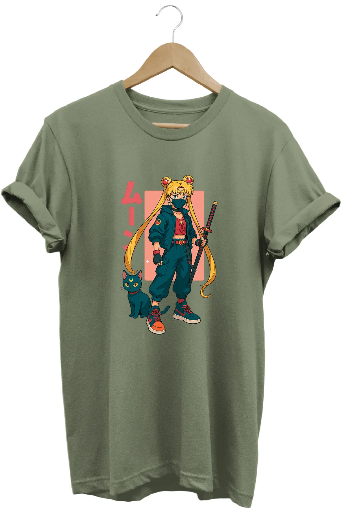 Anime Sailor Moon Usagi Katana Baskılı Kadın Tişört %100 Pamuk Re
