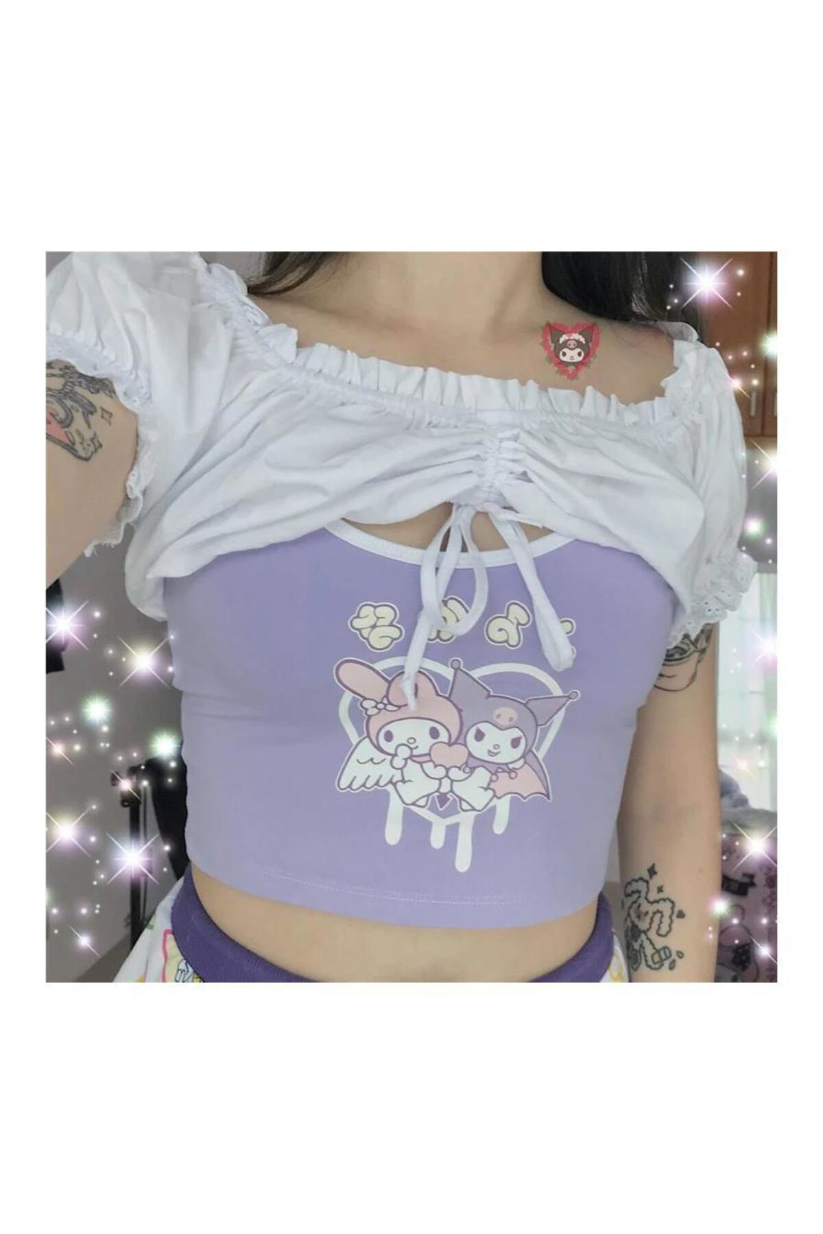 Anime Sanrio Kuromi And My Melody - Heart Lila Askılı Kadın T-shi