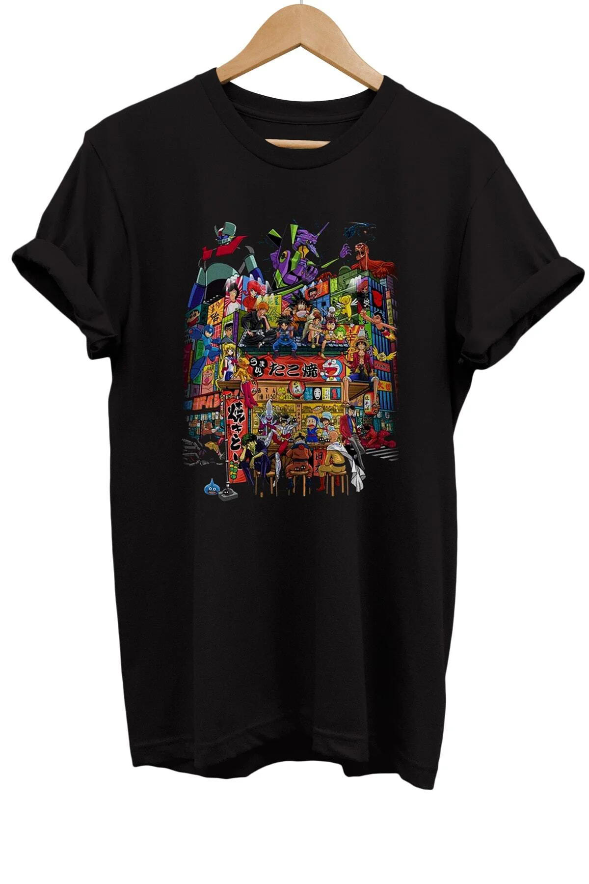 Animeler Buluşması Baskılı %100 Pamuk Basic T-shirt Normal Beden 