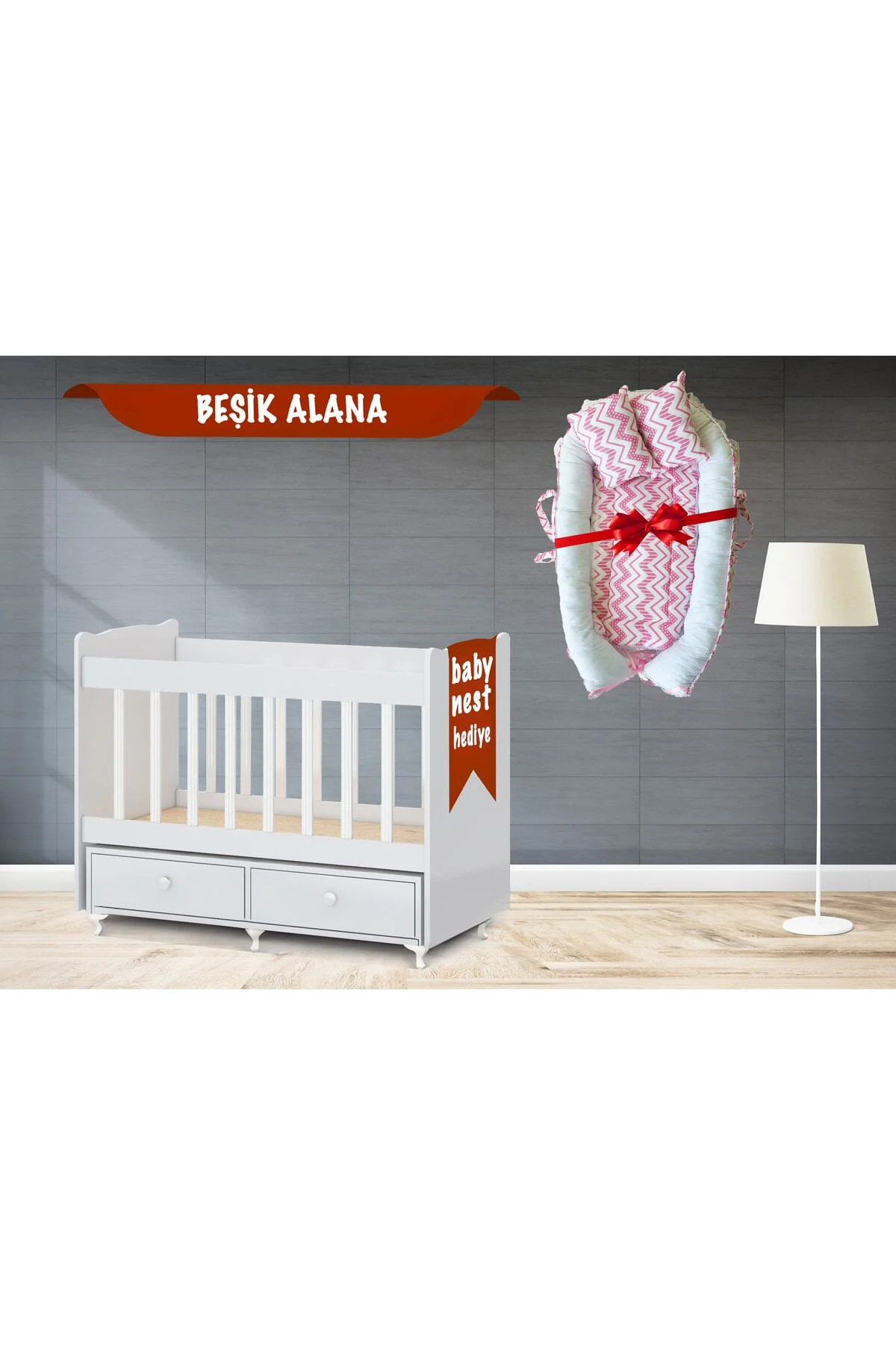 Anne Yanı, Çekmeceli, Dıştan Sallanır Beşik Pembe Babynest Hediye