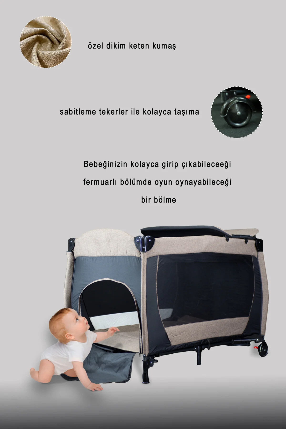 Anne Yanı Park Yatak Sallanır Oyun Parkı Beşik 70X110 Cm(KAHVE) +
