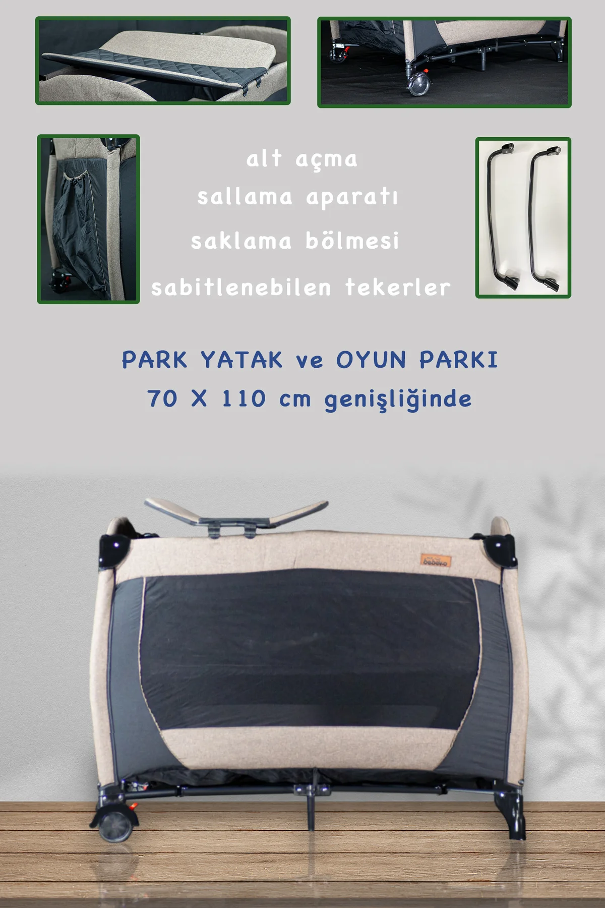 Anne Yanı Park Yatak Sallanır Oyun Parkı Beşik 70X110 Cm(KAHVE) +