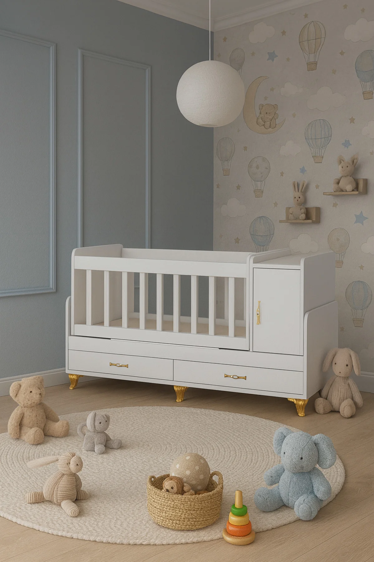 Anne Yanı, Sallanır, Büyüyen Bebek Beşiği, Yataklı, Kapaklı, Çekmeceli 60 x 120 Altın