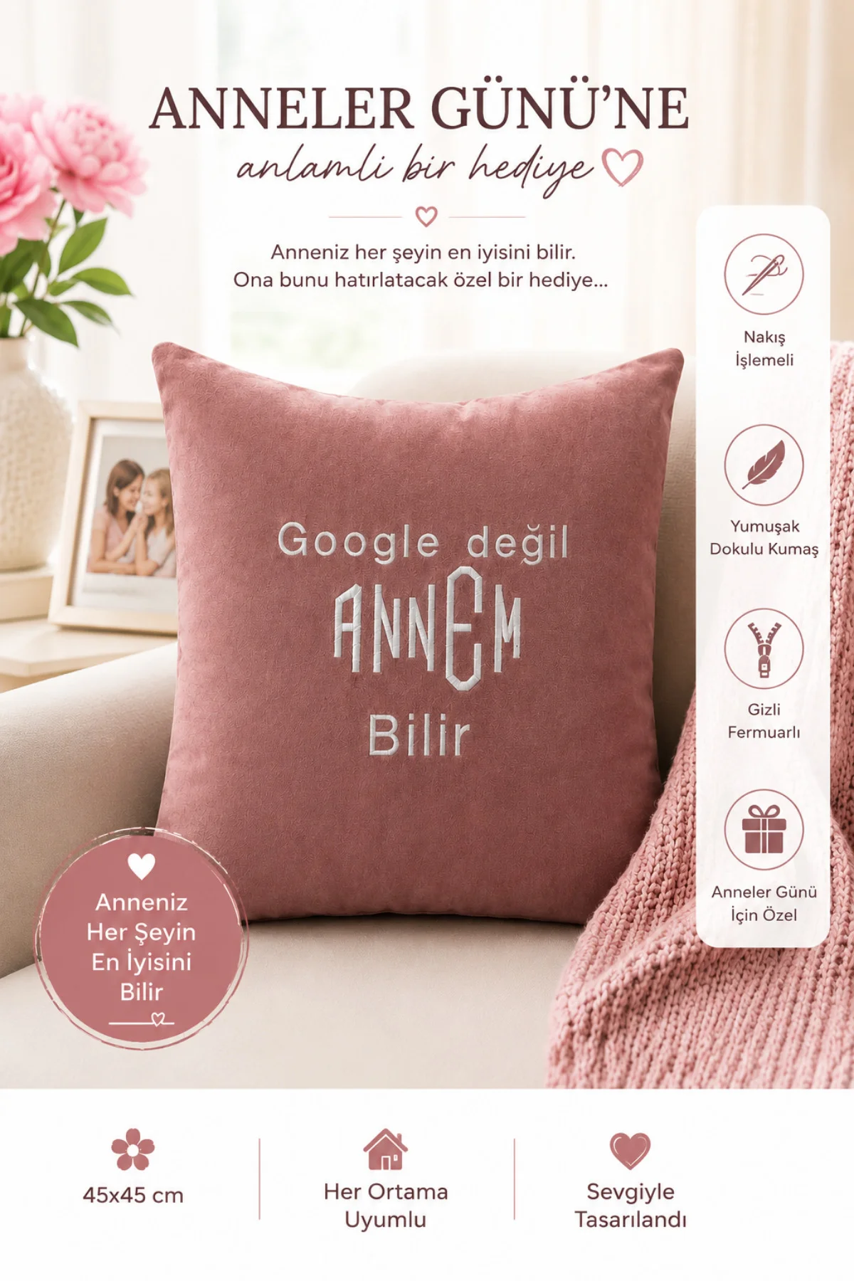 Anneler Günü Hediyesi Google Değil Annem Bilir Nakışlı Dekoratif Kırlent & Yastık 45x45 cm Anneler Günü Hediyesi Google Değil Annem Bilir Nakışlı Dekoratif Kırlent & Yastık 45x45 cm