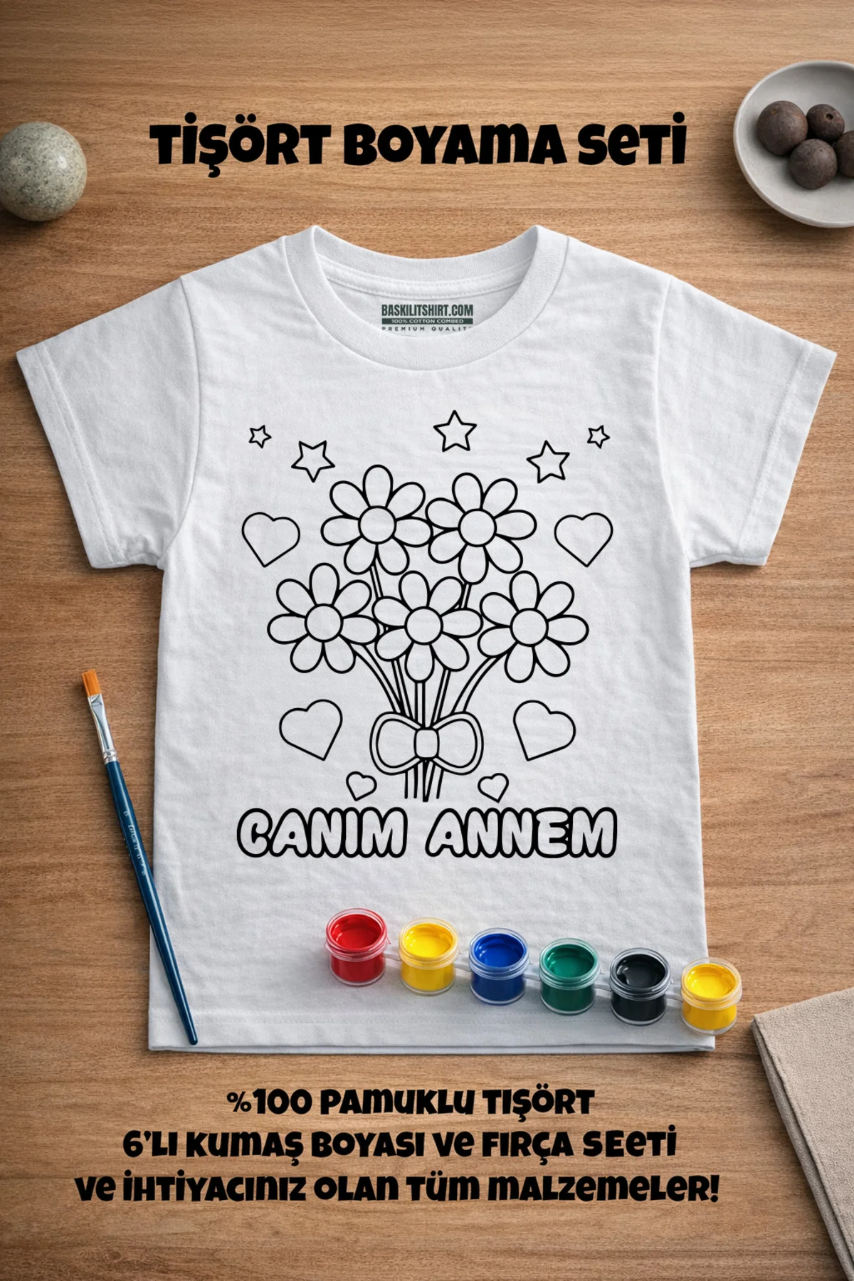 Anneler Günü Özel Çocuk Boyama Tişört Seti | %100 Pamuk Tişört + 6’lı Kumaş Boyası + Fırça