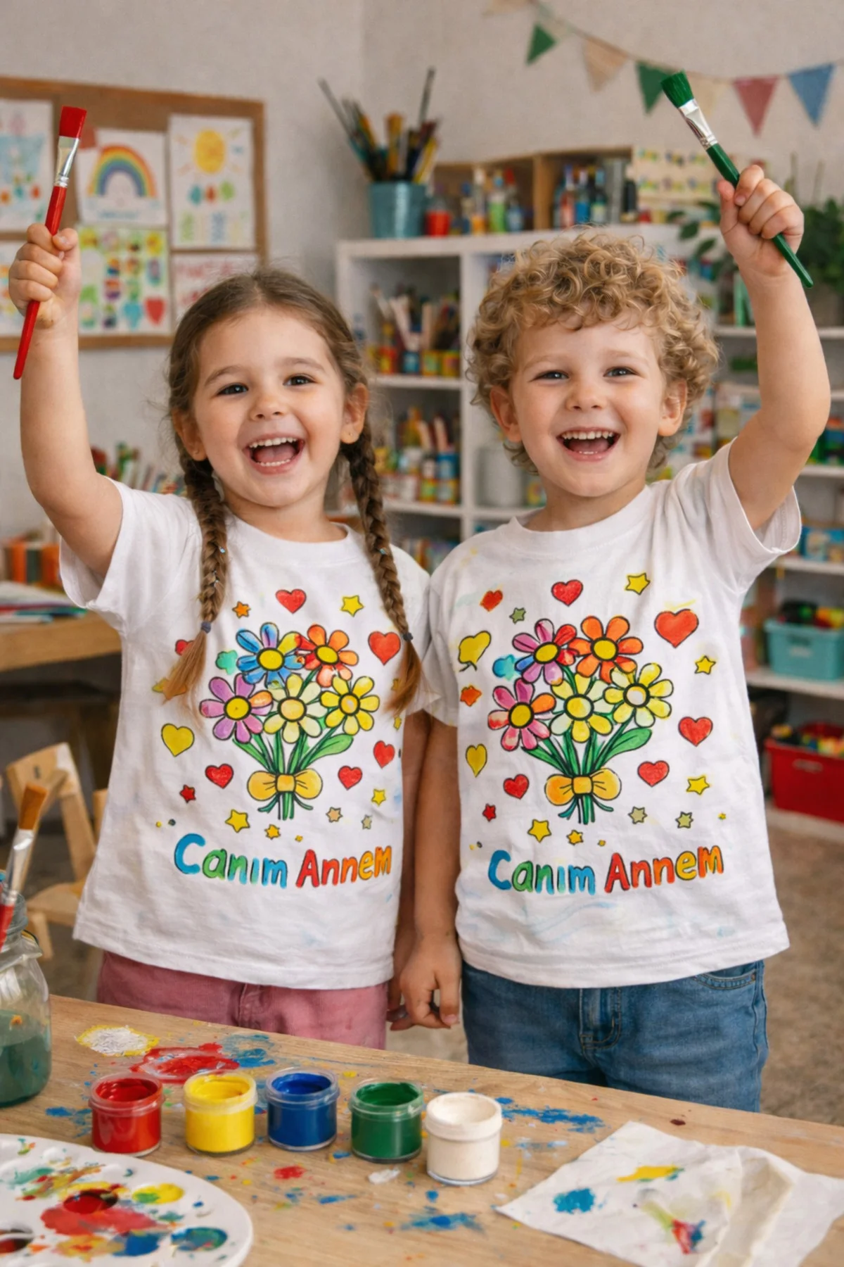 Anneler Günü Özel Çocuk Boyama Tişört Seti | %100 Pamuk Tişört + 6’lı Kumaş Boyası + Fırça