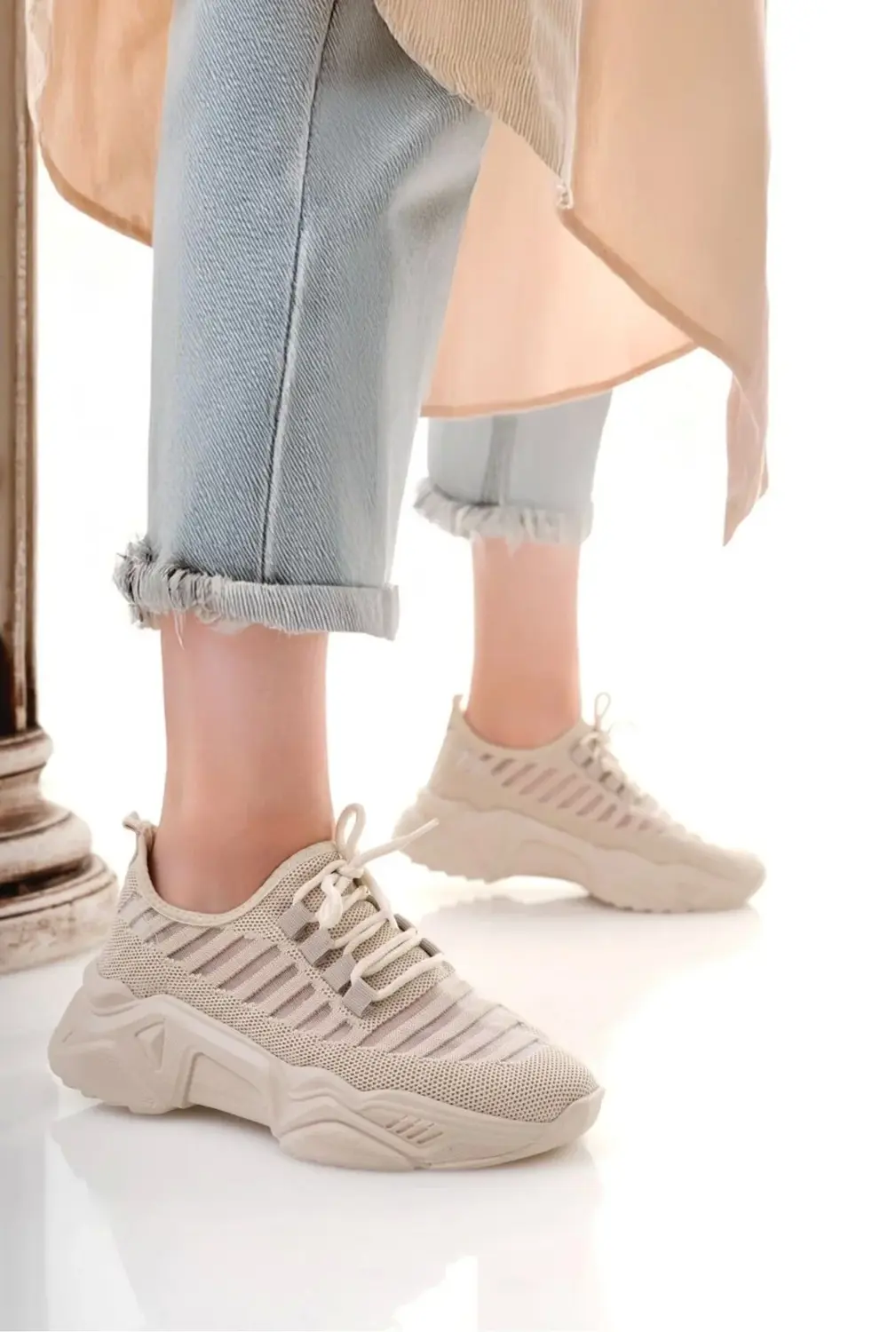 Ante Bej Triko Bağcıklı Spor Ayakkabı Ante Bej Triko Bağcıklı Spor Ayakkabı