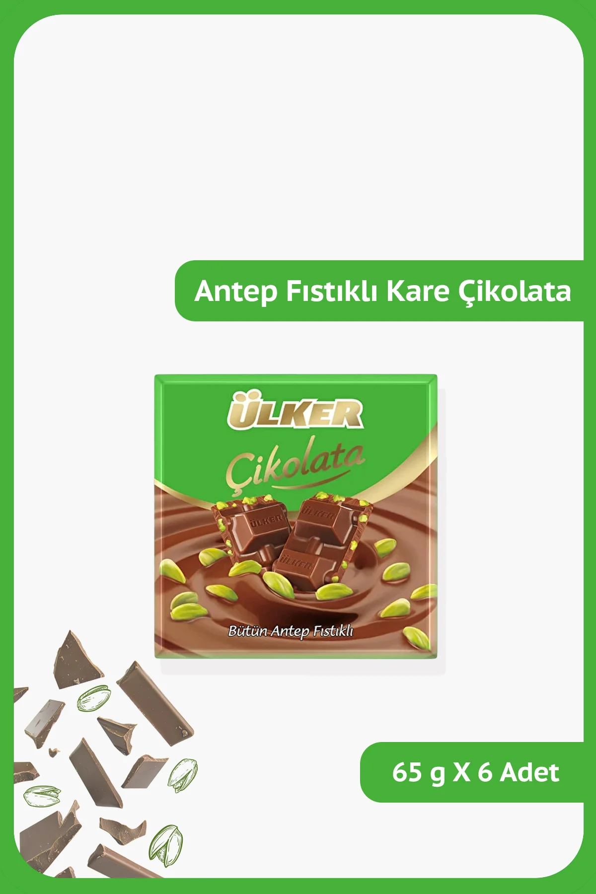 Antep Fıstıklı Sütlü Kare Çikolata - Bütün Fıstıklı - 65 gram - 6