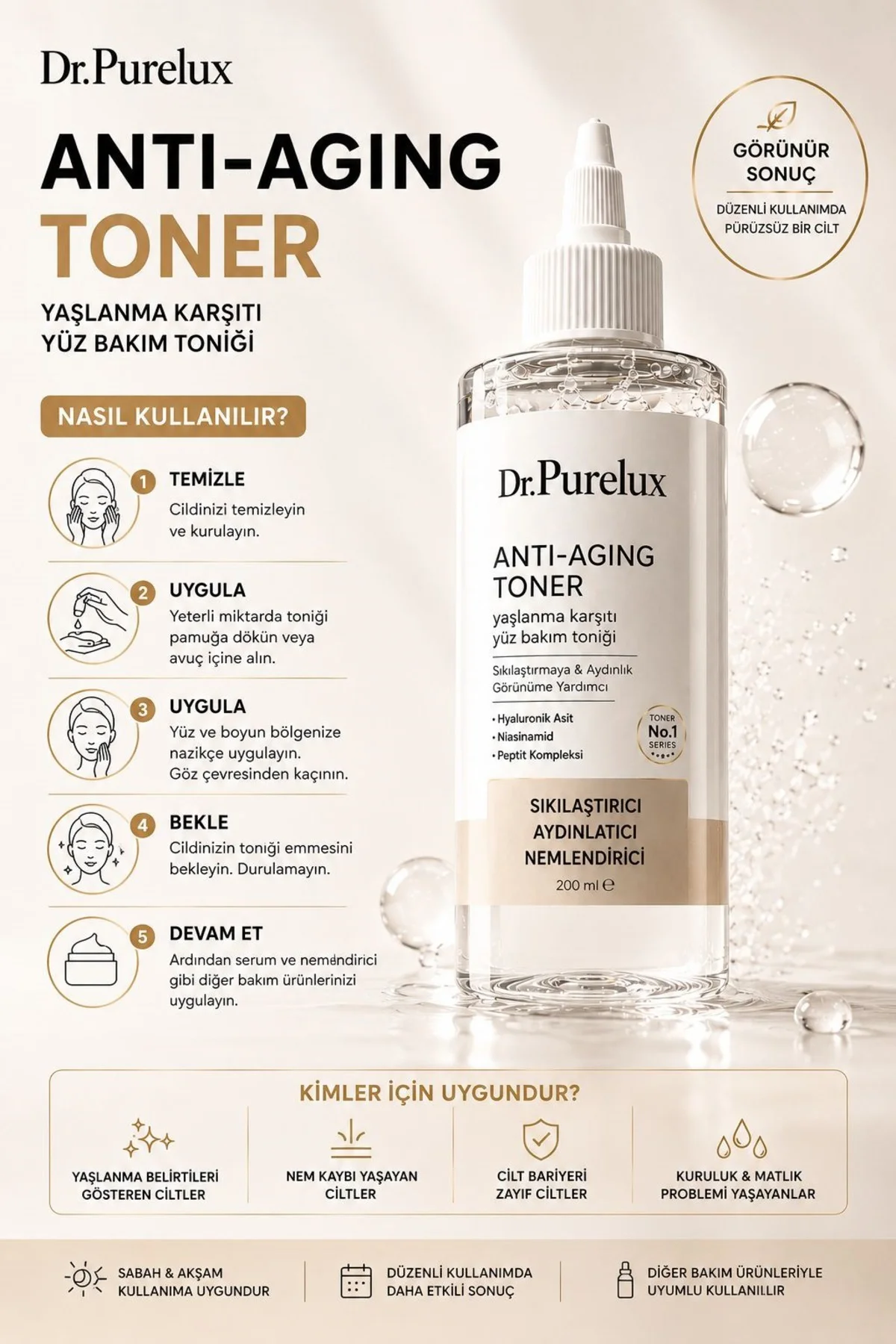 Anti Aging Yaşlanma Karşıtı Toner 200 ML | Hyaluronik Asit, Niasi Anti Aging Yaşlanma Karşıtı Toner 200 ML | Hyaluronik Asit, Niasi
