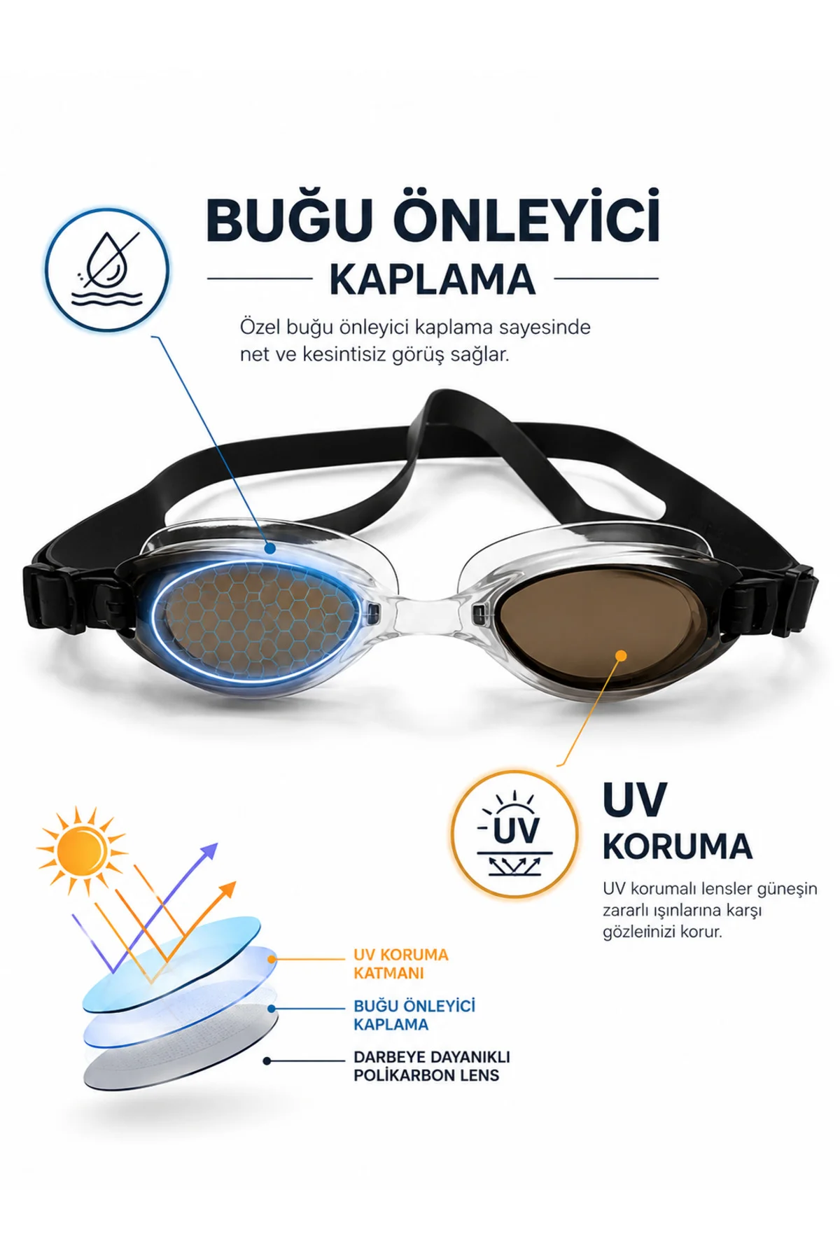 Anti Fog Genç Yüzücü Gözlüğü UV Korumalı Havuz Deniz Gözlüğü Kulak Tıkacı ve Koruma Kutulu 15 Cm