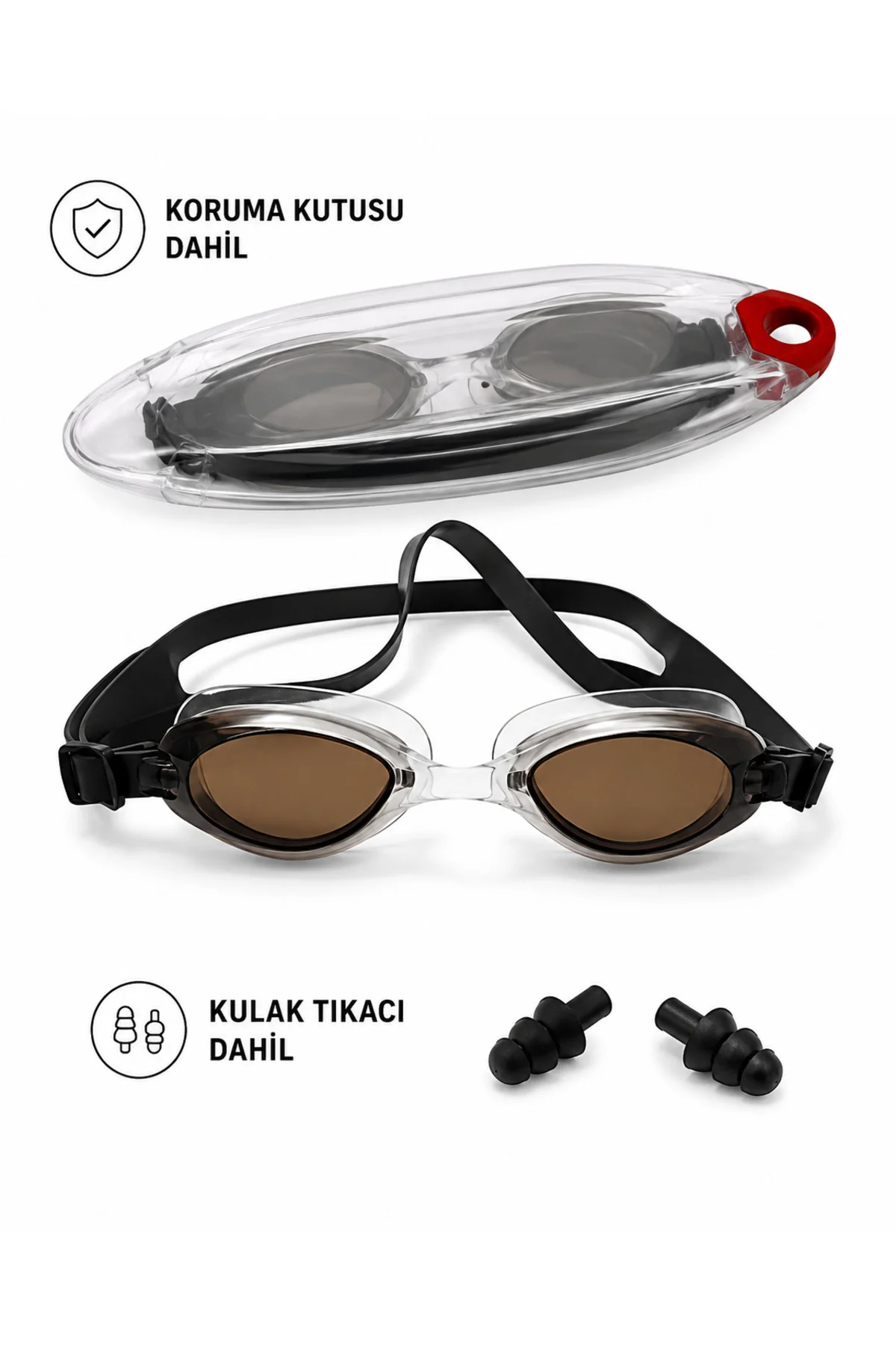 Anti Fog Genç Yüzücü Gözlüğü UV Korumalı Havuz Deniz Gözlüğü Kulak Tıkacı ve Koruma Kutulu 15 Cm