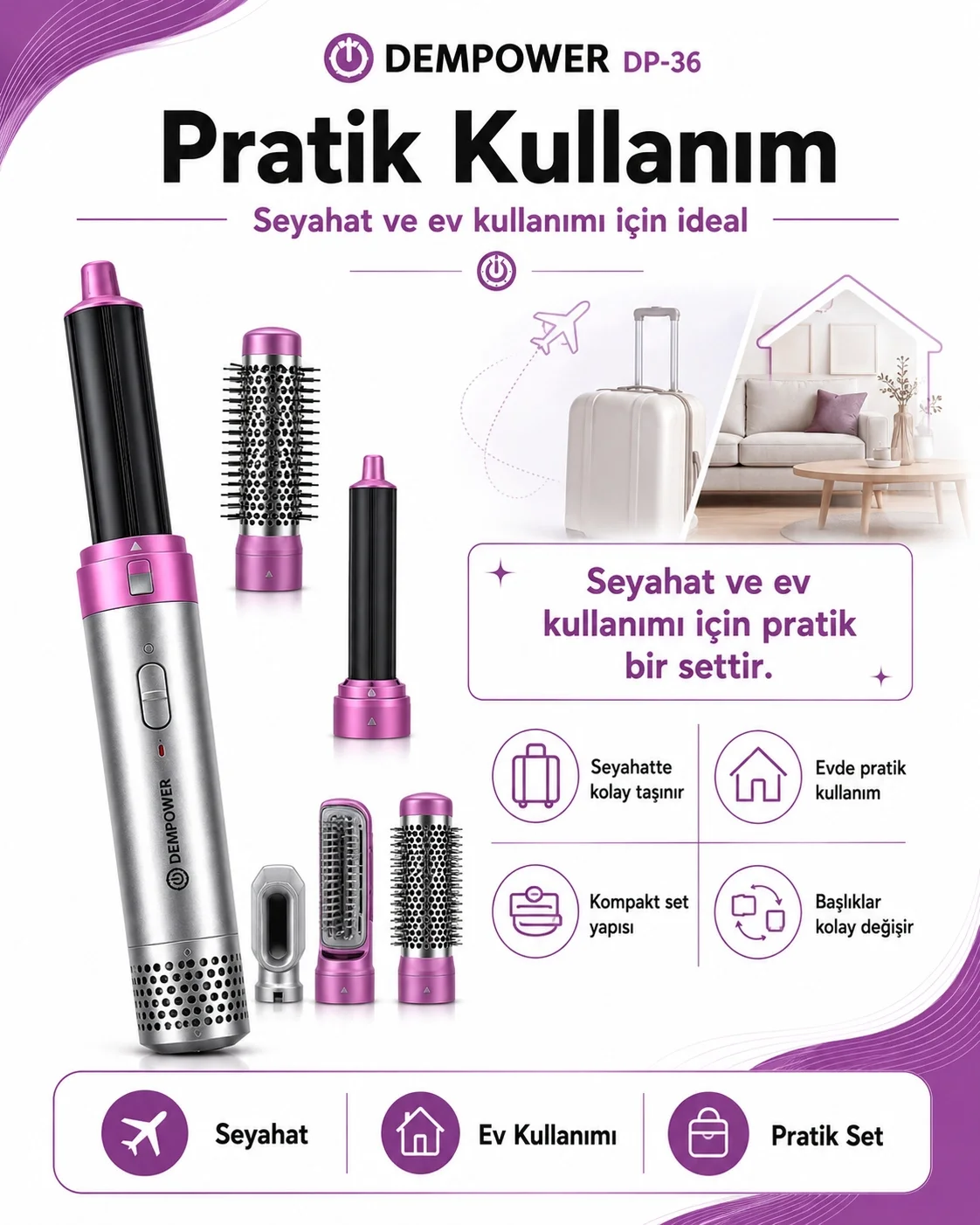 Anti Statik Etkili 5 Başlıklı Saç Şekillendirici Sıcak Hava Fırça