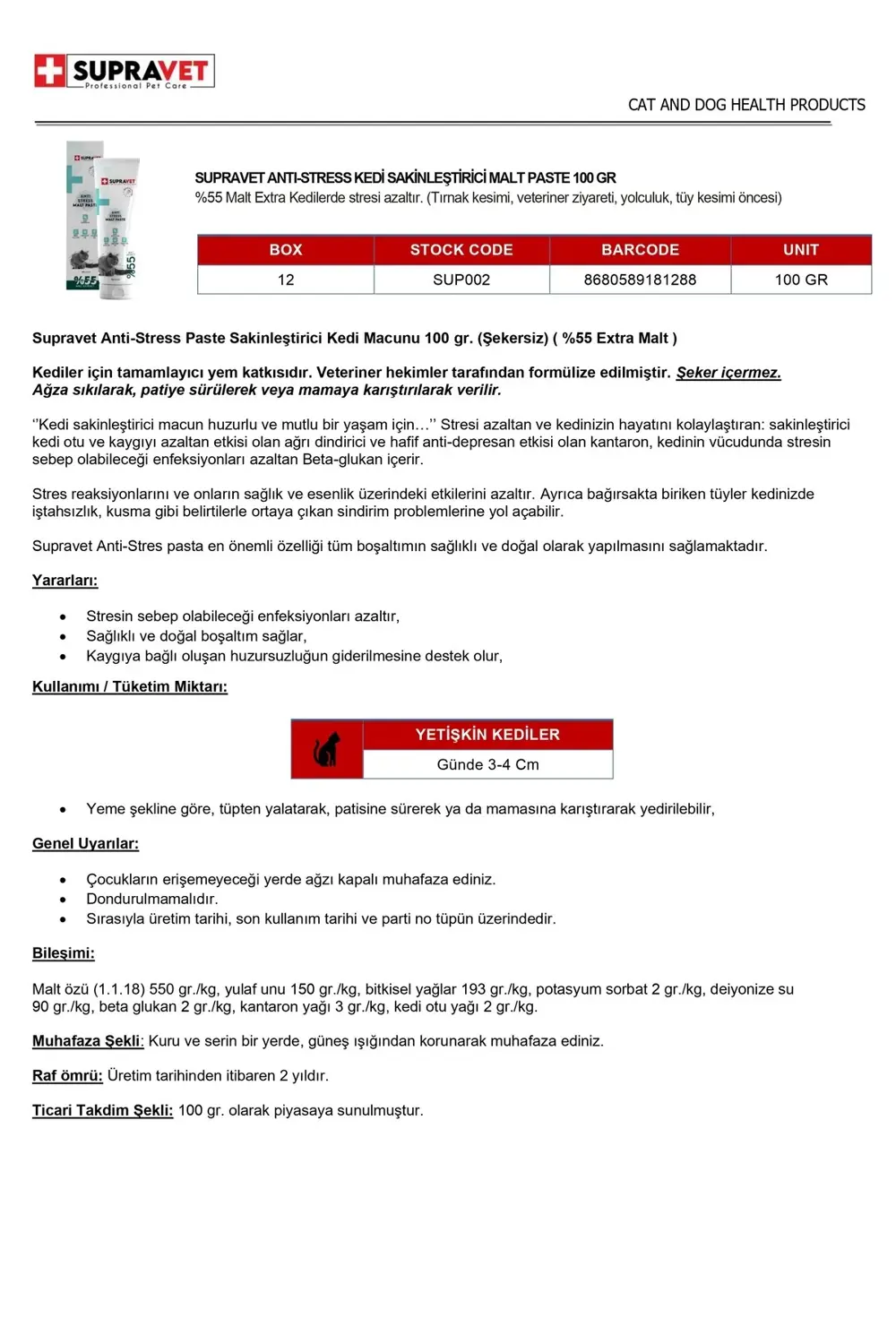 Supravet Anti Stress Relax Paste Sakinleştirici Kedi Macunu 100 Gr (Şekers