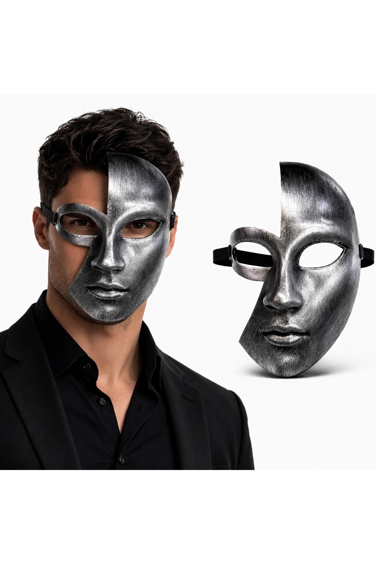 Antik Efektli Gümüş Yarım Yüz Plastik Parti Maskesi