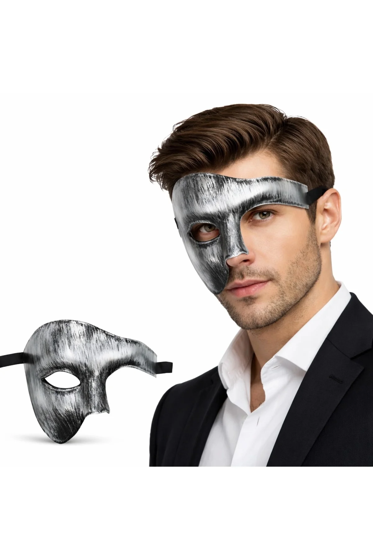Antik Eskitme Gümüş Erkek Yarım Maske - Phantom & Balo Maskesi Antik Eskitme Gümüş Erkek Yarım Maske - Phantom & Balo Maskesi