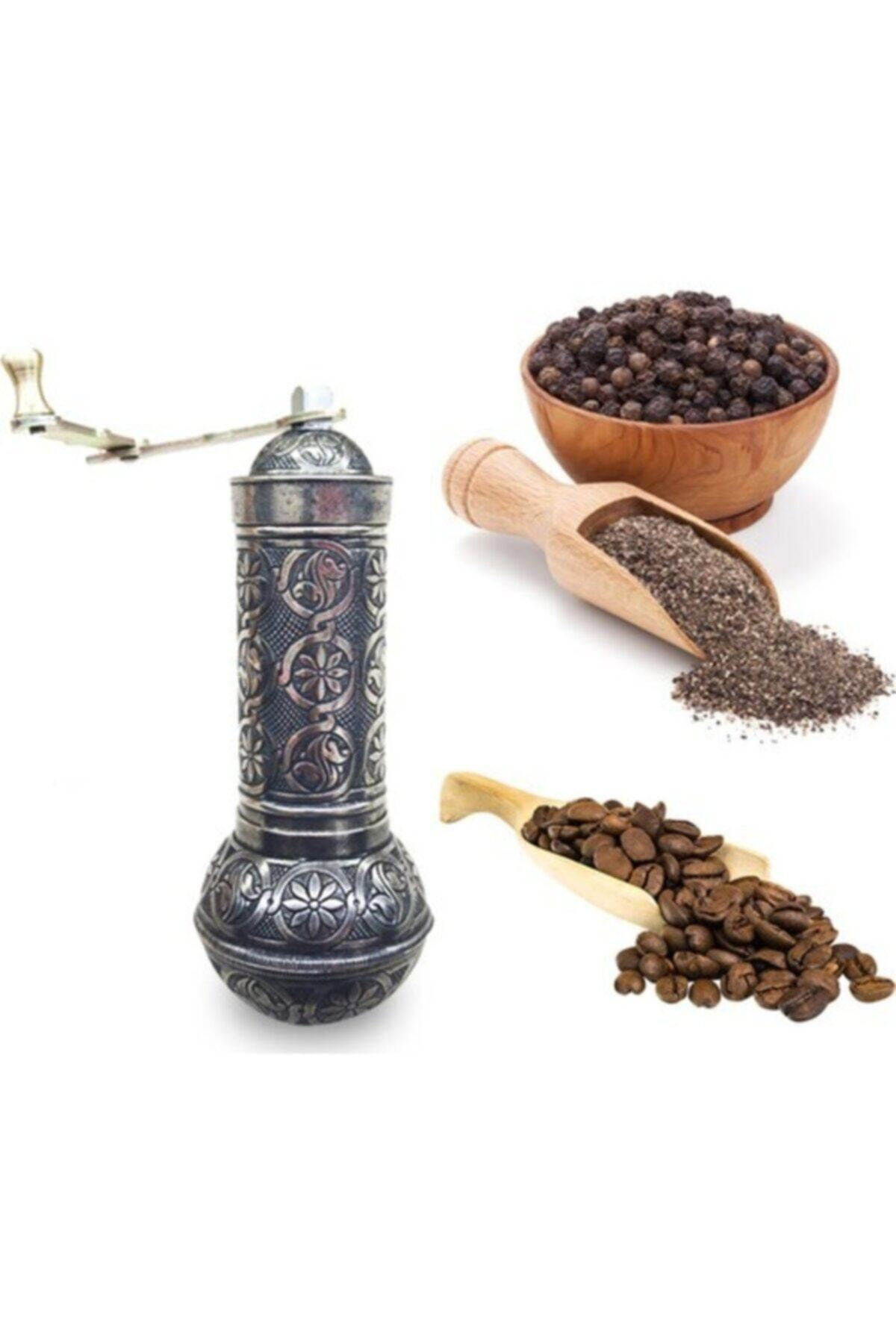 Antik Gümüş Renkli Eskitme Osmanlı Tarzı Kahve Öğütücüsü Büyük Bo