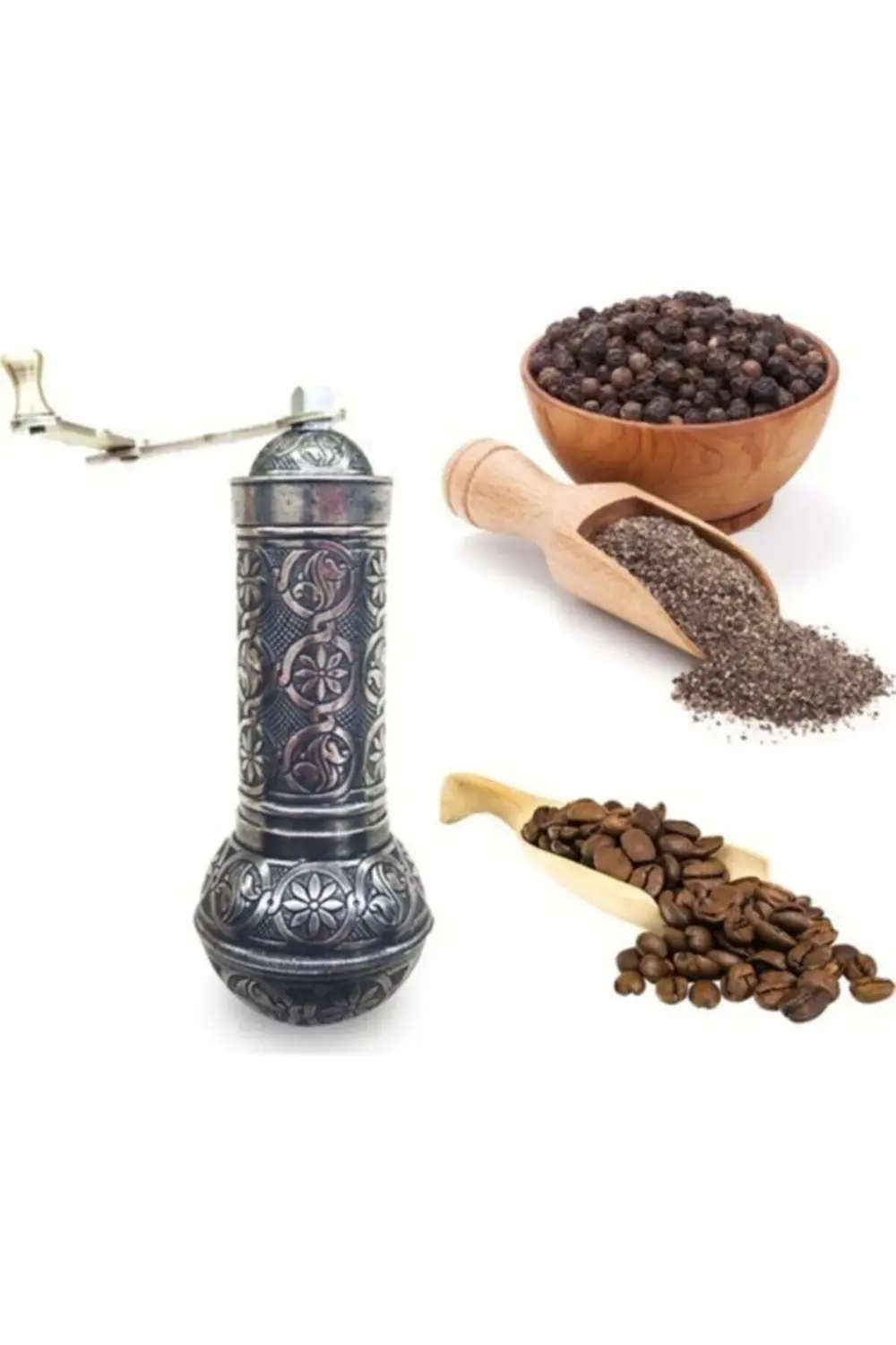 Antik Gümüş Renkli Eskitme Osmanlı Tarzı Kahve Öğütücüsü Büyük Bo