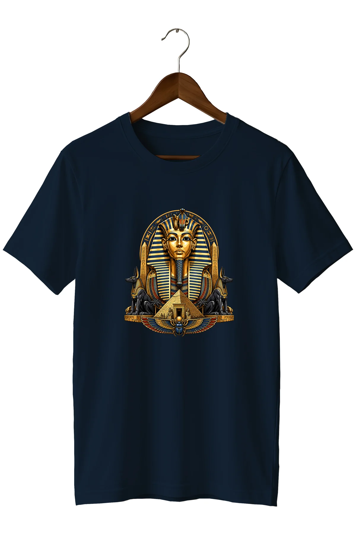 Antik Mısır Firavun ve Anubis Baskılı Unisex Tişört – Piramit ve Mitoloji Tasarımı
