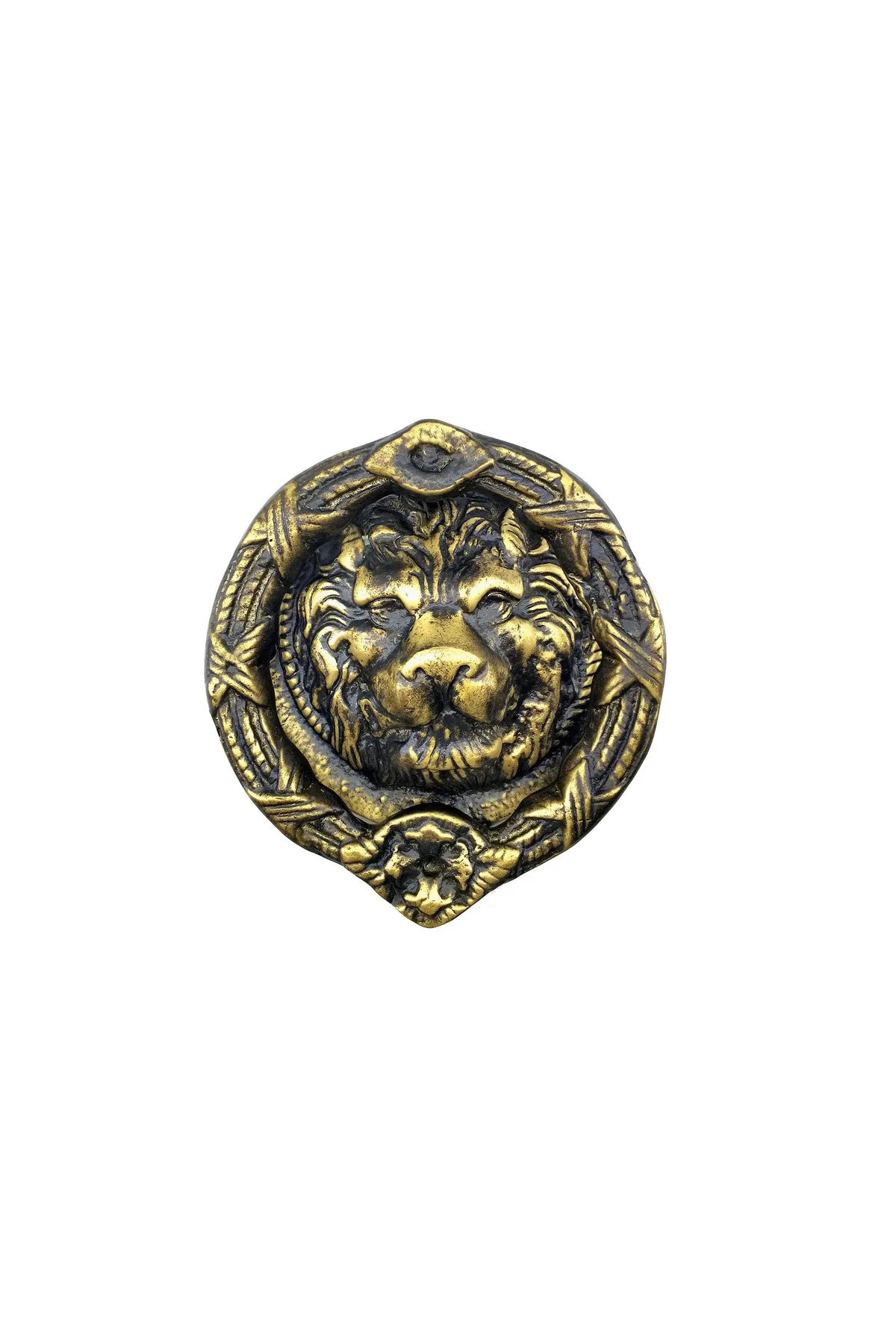 Antika Tarz Dekoratif Pirinç Aslan Kapı Tokmağı, Taktak - 185 mm, Antik