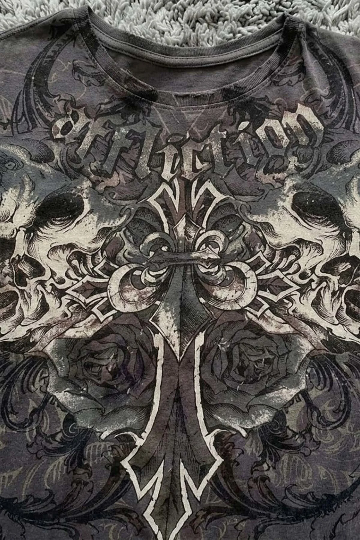 Antrasit Affliction Double Skull Cross Y2K Unisex T-Shirt