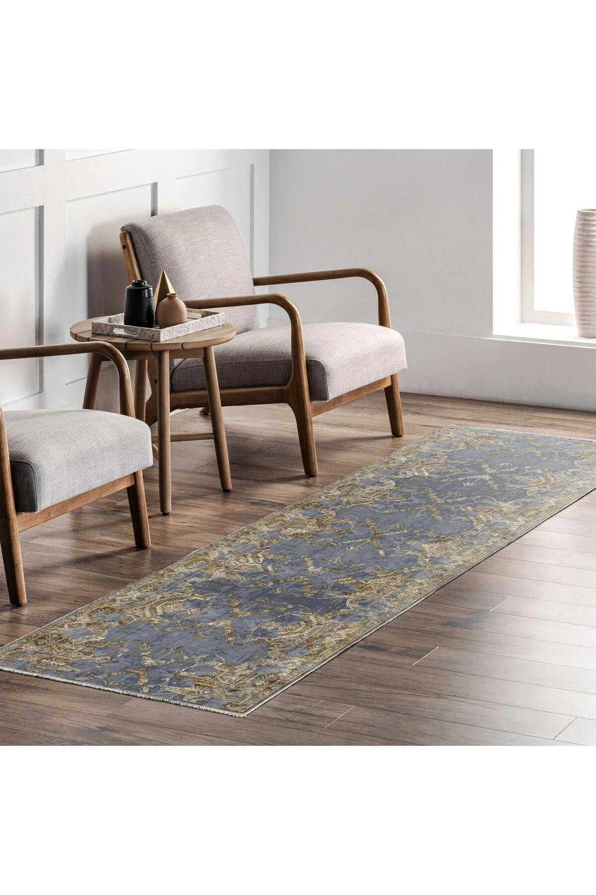Antrasit Eskitme Desenli Şönil Halı Kilim Yolluk Kaymaz Taban Yık