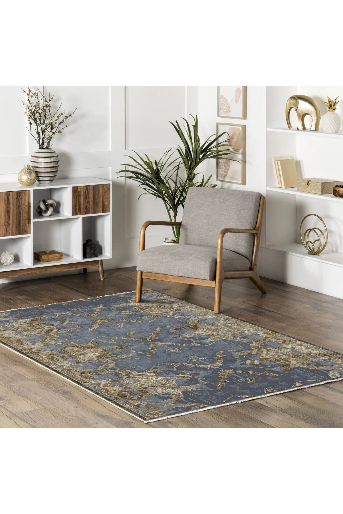 Antrasit Eskitme Desenli Şönil Halı Kilim Yolluk Kaymaz Taban Yık