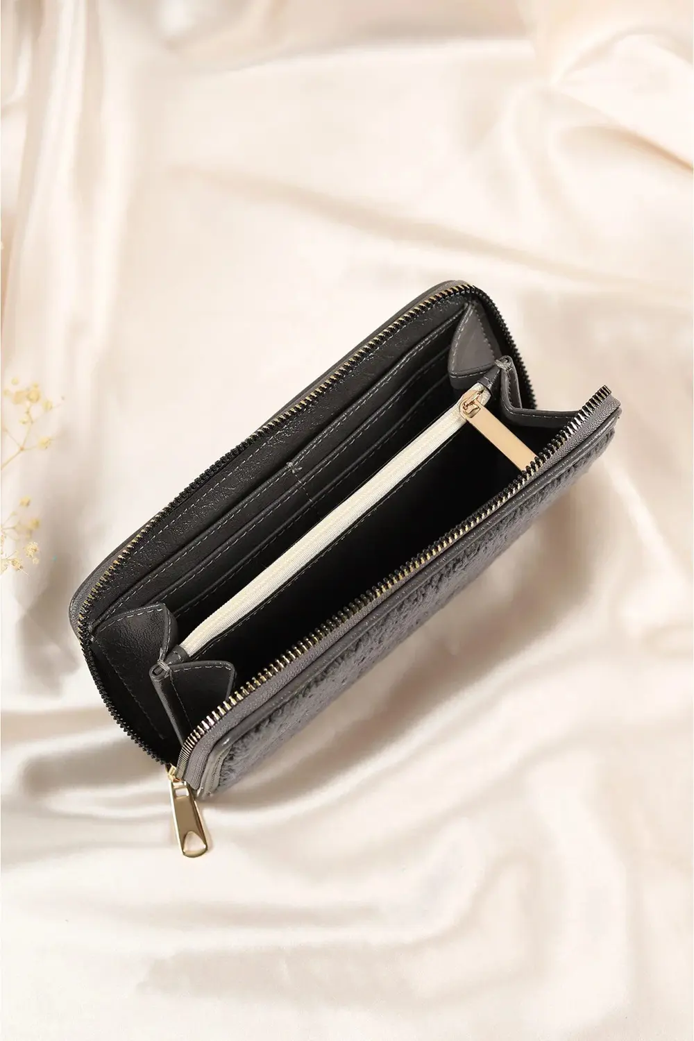 Antrasit Peluş Tasarım Fermuarlı Cüzdan