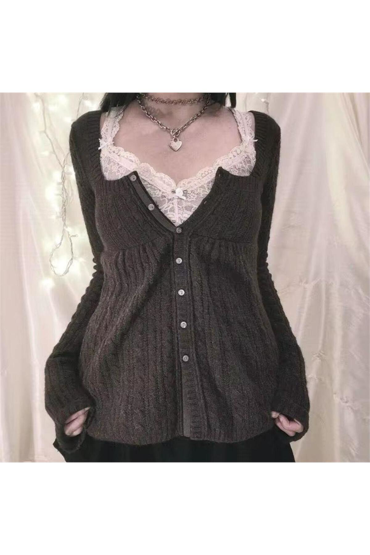 Antrasit Vintage Düğme Detaylı Retro Triko Hırka