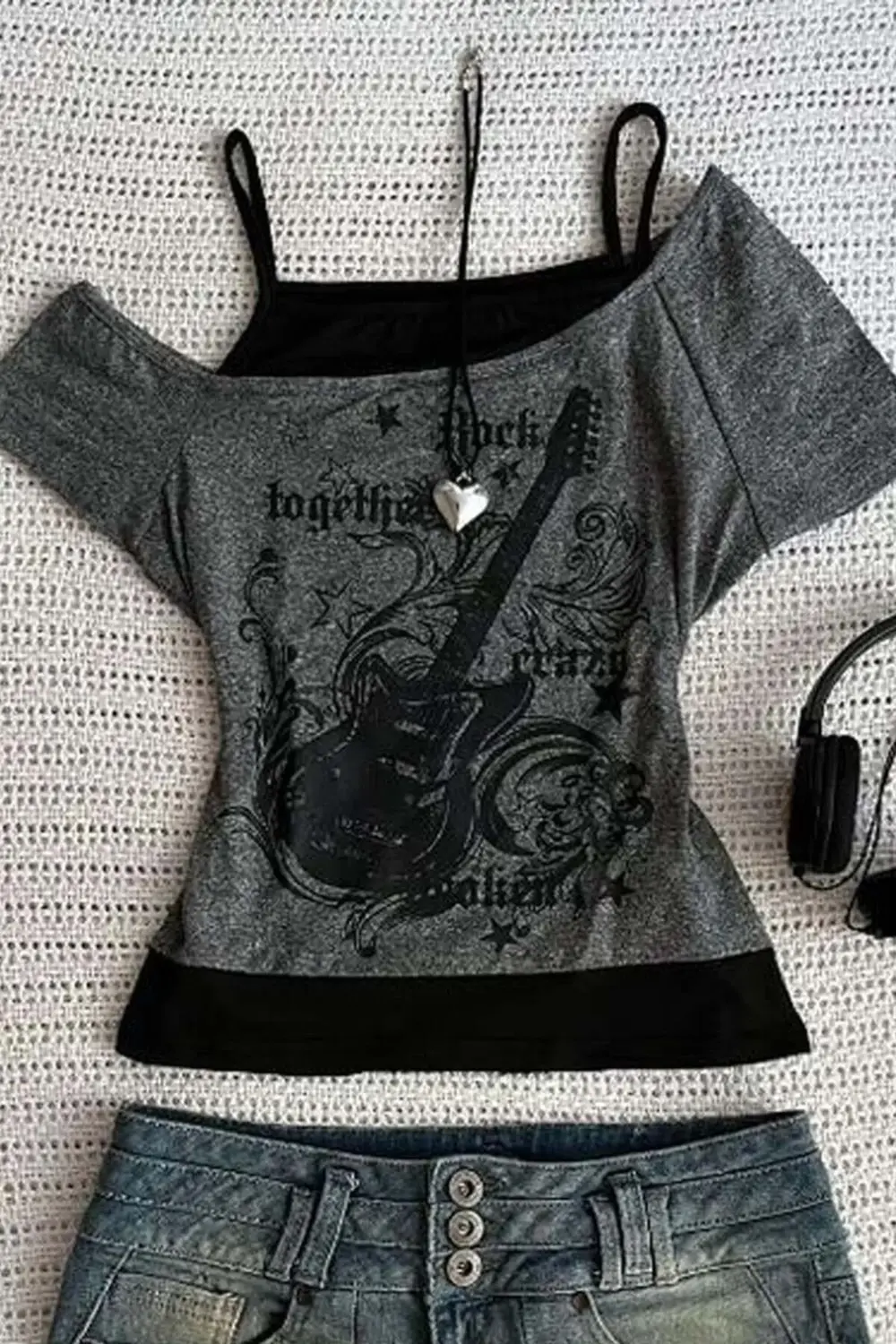 Antrasit Vintage Guitar Açık Yaka Gotik Y2K Ek Askılı Crop