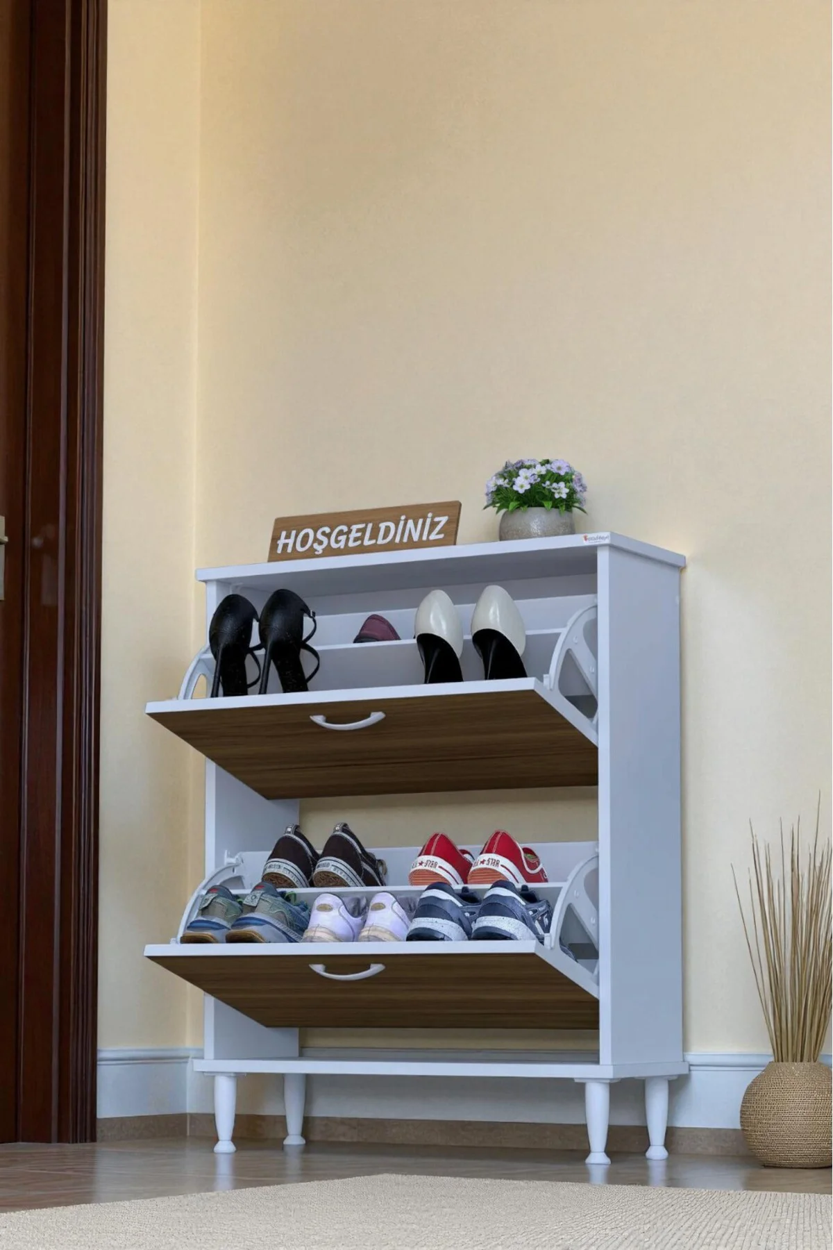 Antrex 72 cm Ceviz 2 Düşer Kapaklı Ayakkabılık 72x90x26 cm Ayaklı