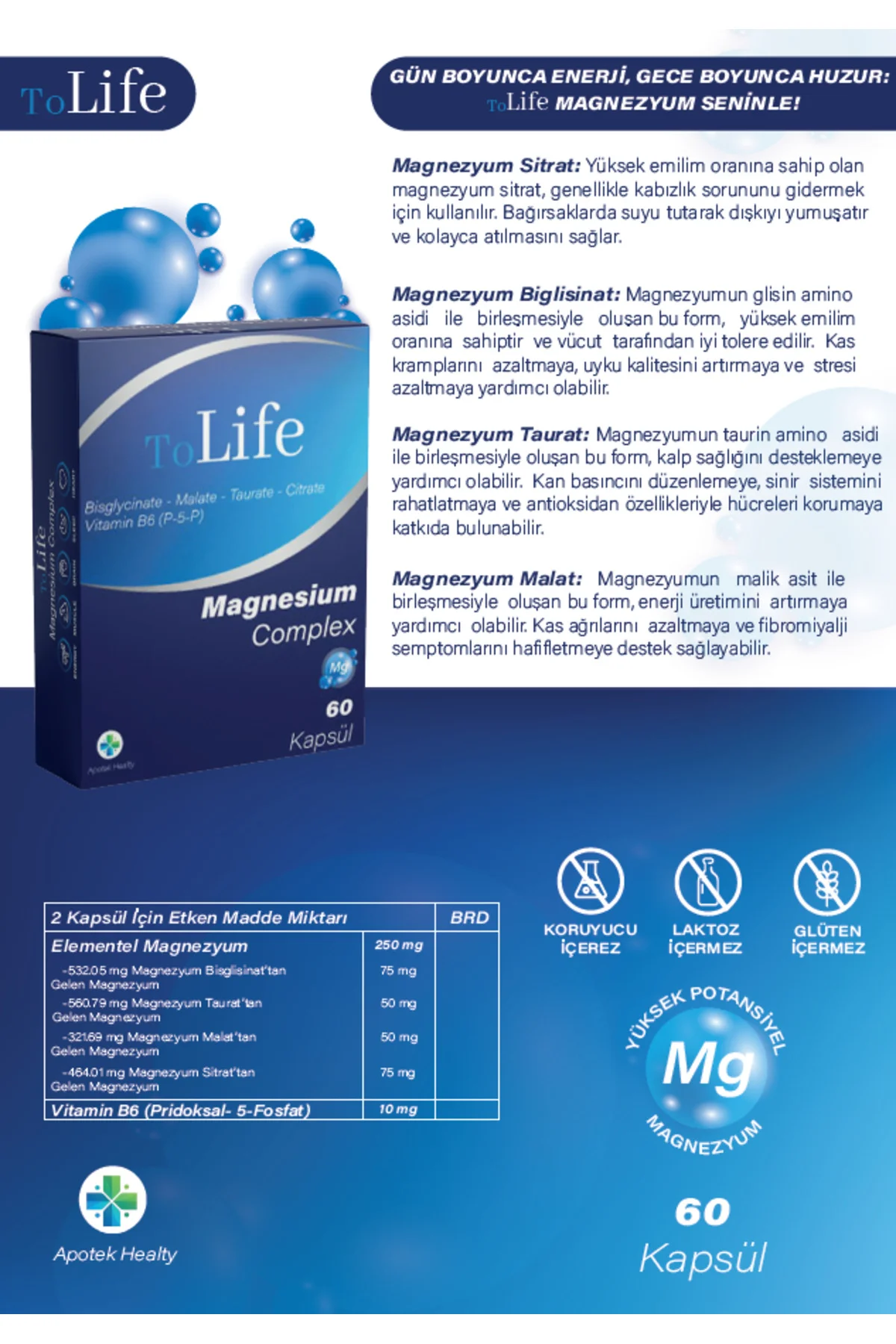Apotek Magnesium Complex (Bisglisinat-Sitrat-Taurat-Malat) ve B6 (P5P) 60 Kapsül Fiyatı, Yorumları ve Özellikleri