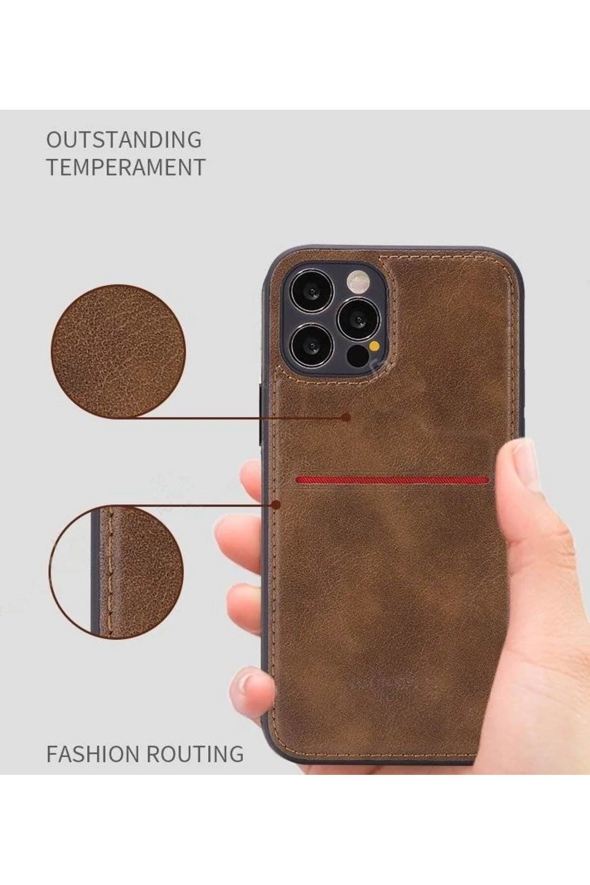 Apple iPhone 12 Kartlıklı Rich Boss Lüx Deri Kılıf Açık Kahve