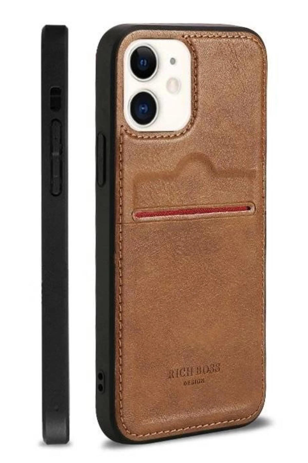 Apple iPhone 12 Kartlıklı Rich Boss Lüx Deri Kılıf Açık Kahve