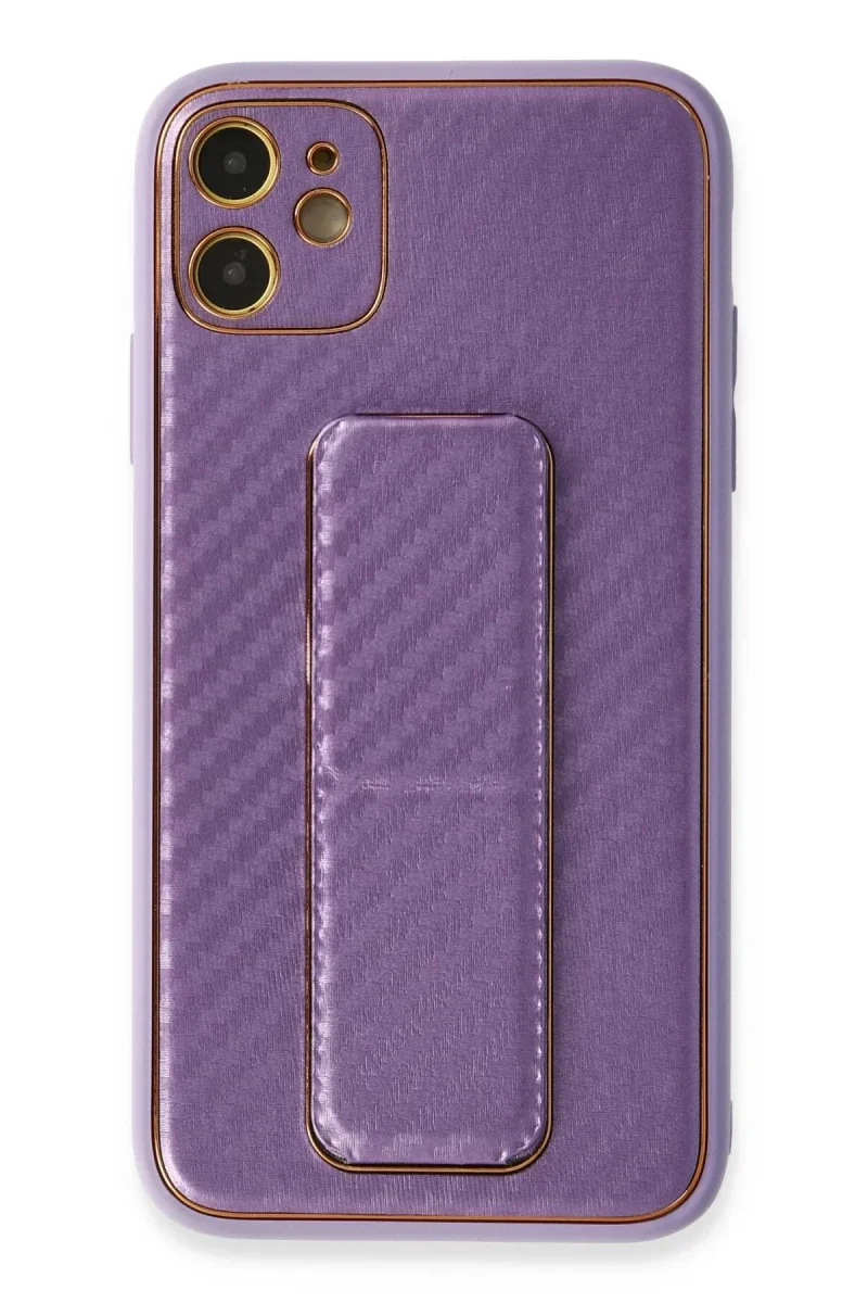 Apple iPhone 12 Kılıf Coco Karbon Standlı Kapak - Mor Apple iPhone 12 Kılıf Coco Karbon Standlı Kapak - Mor