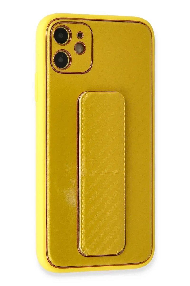 Apple iPhone 12 Kılıf Coco Karbon Standlı Kapak - Sarı Apple iPhone 12 Kılıf Coco Karbon Standlı Kapak - Sarı