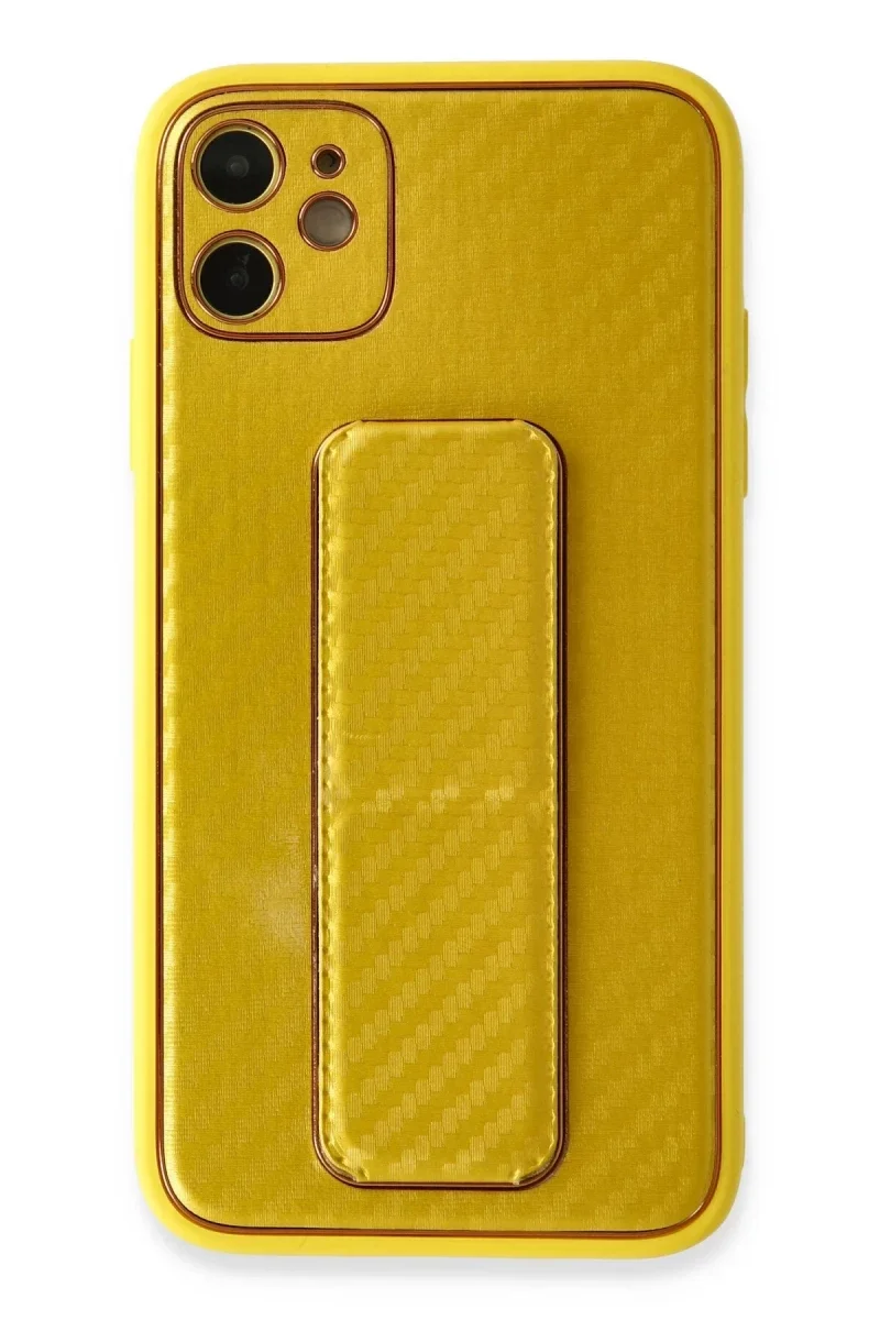 Apple iPhone 12 Kılıf Coco Karbon Standlı Kapak - Sarı Apple iPhone 12 Kılıf Coco Karbon Standlı Kapak - Sarı