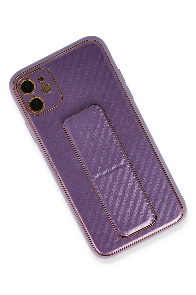 Apple iPhone 12 Kılıf Coco Karbon Standlı Kapak - Mor Apple iPhone 12 Kılıf Coco Karbon Standlı Kapak - Mor