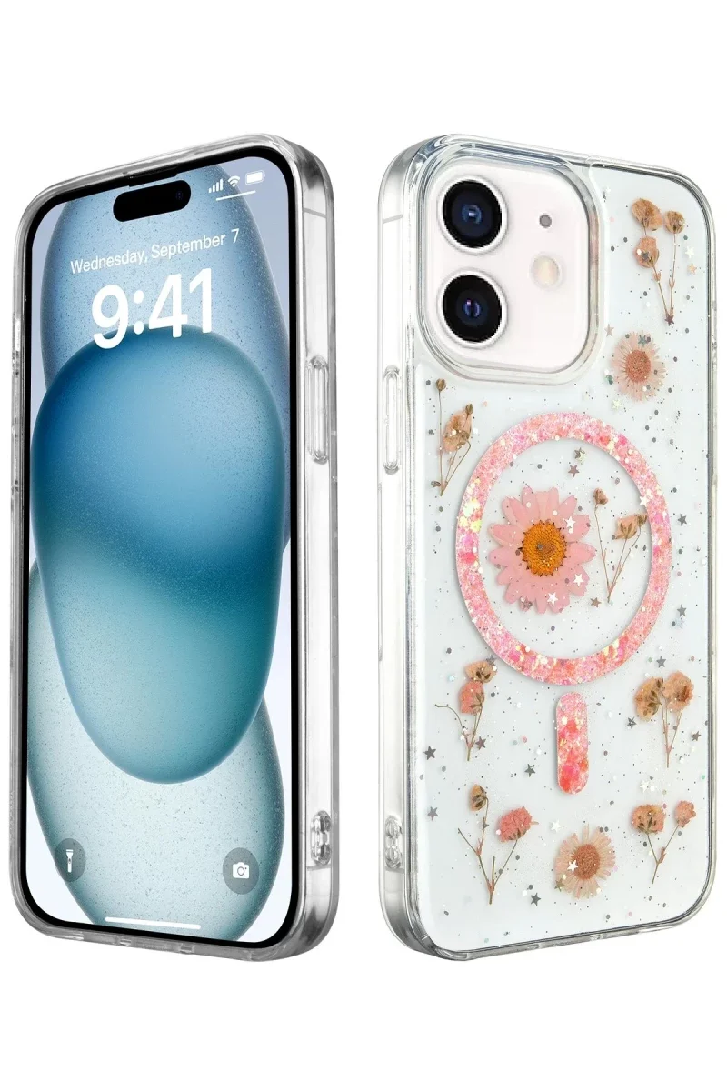 Apple iPhone 12 Kılıf Daisy Simli Magsafe Kapak - Pembe Apple iPhone 12 Kılıf Daisy Simli Magsafe Kapak - Pembe